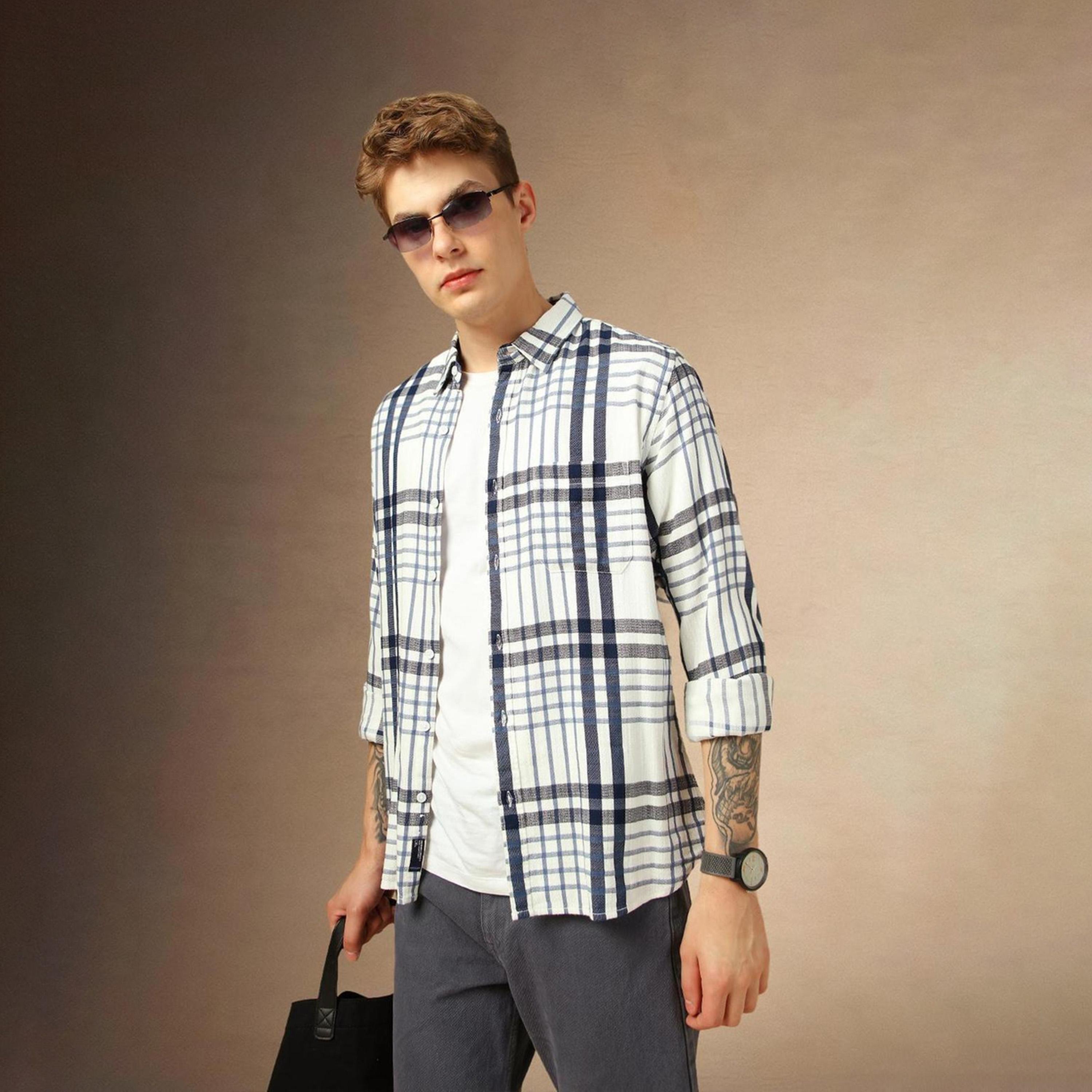 دينيس لينغو× ستايلي-  قميص كاجوال قطن للرجال ياقة واسعة قماش ترتان ذو مربعات-men-clothing-shirts-image-2