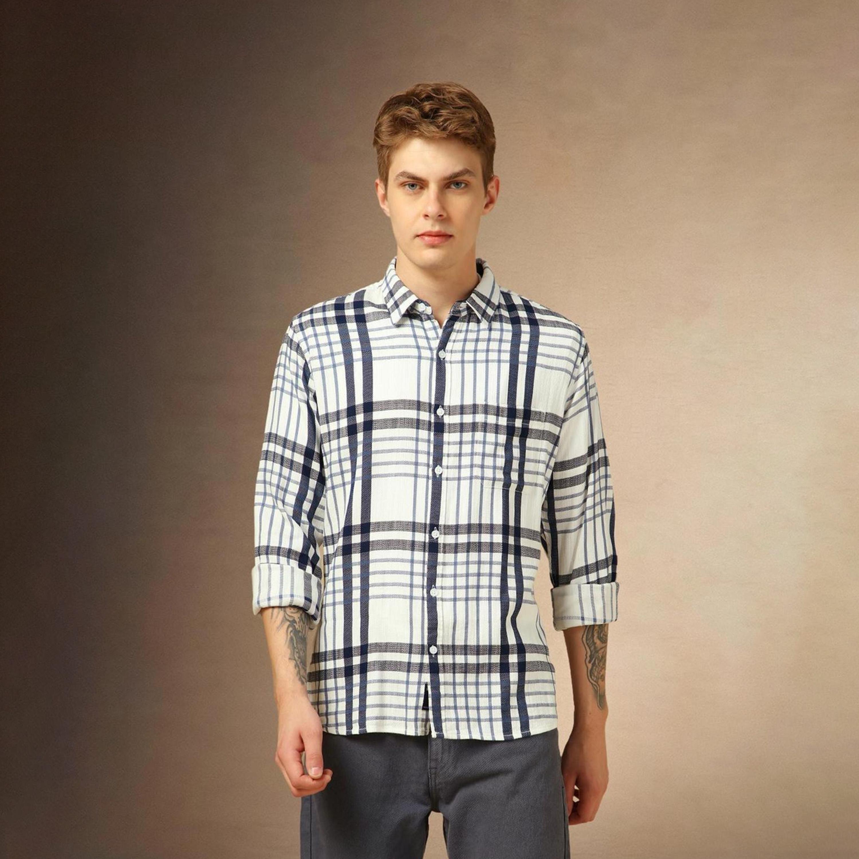 دينيس لينغو× ستايلي-  قميص كاجوال قطن للرجال ياقة واسعة قماش ترتان ذو مربعات-men-clothing-shirts-image-3