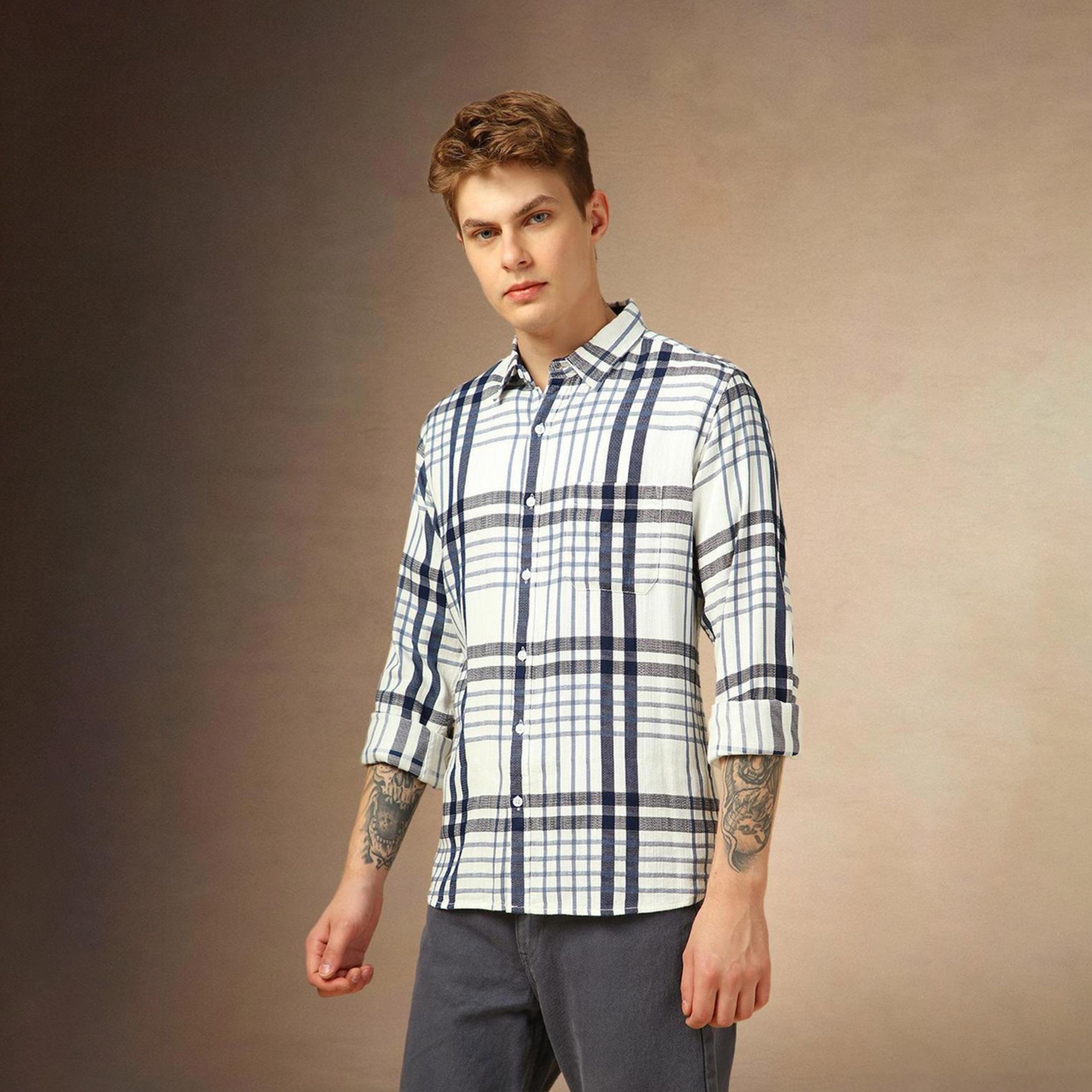 دينيس لينغو× ستايلي-  قميص كاجوال قطن للرجال ياقة واسعة قماش ترتان ذو مربعات-men-clothing-shirts-image-5