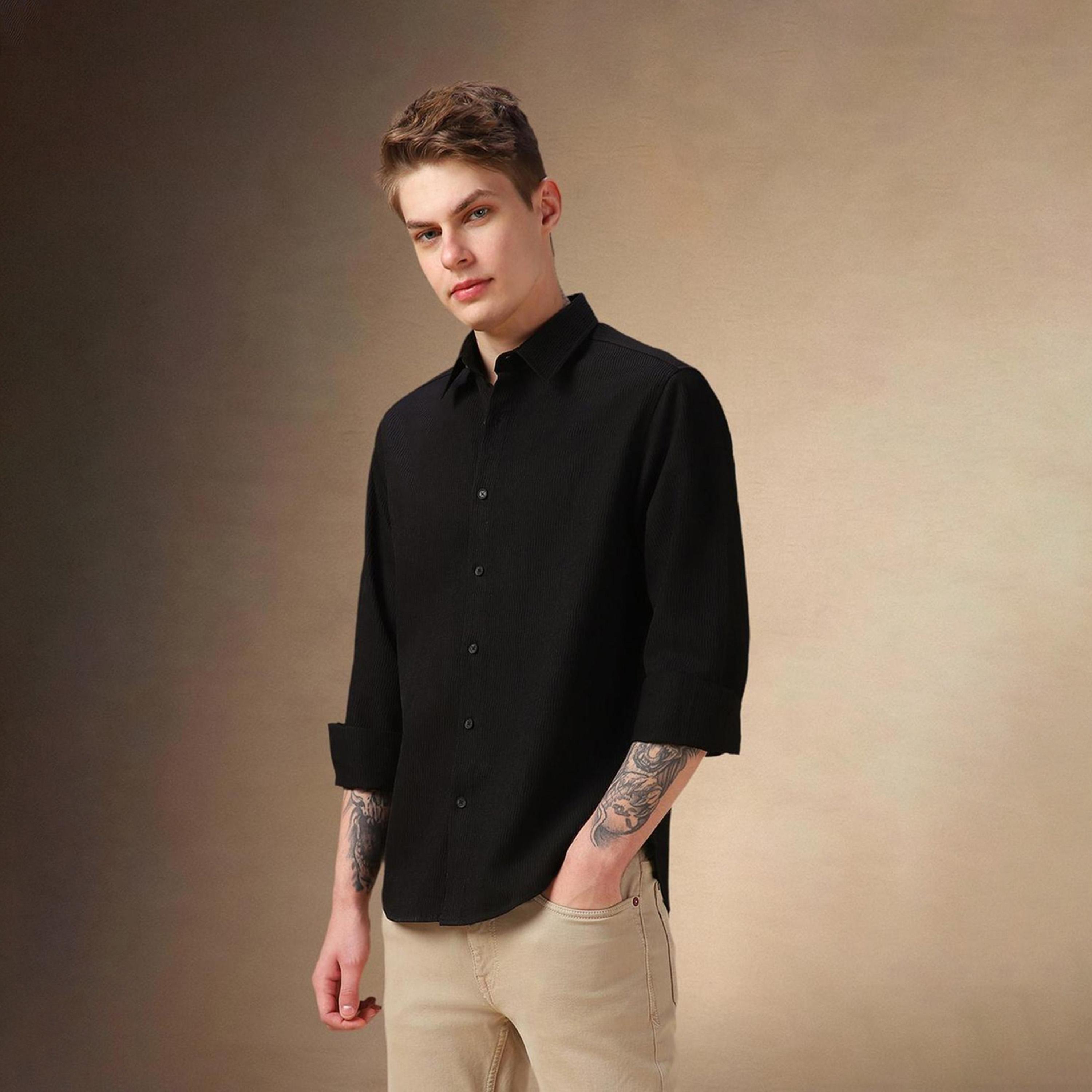 Dennis Lingo X Styli Black Spread Collar Solid Cotton Casual Shirt-men-clothing-shirts-image-1