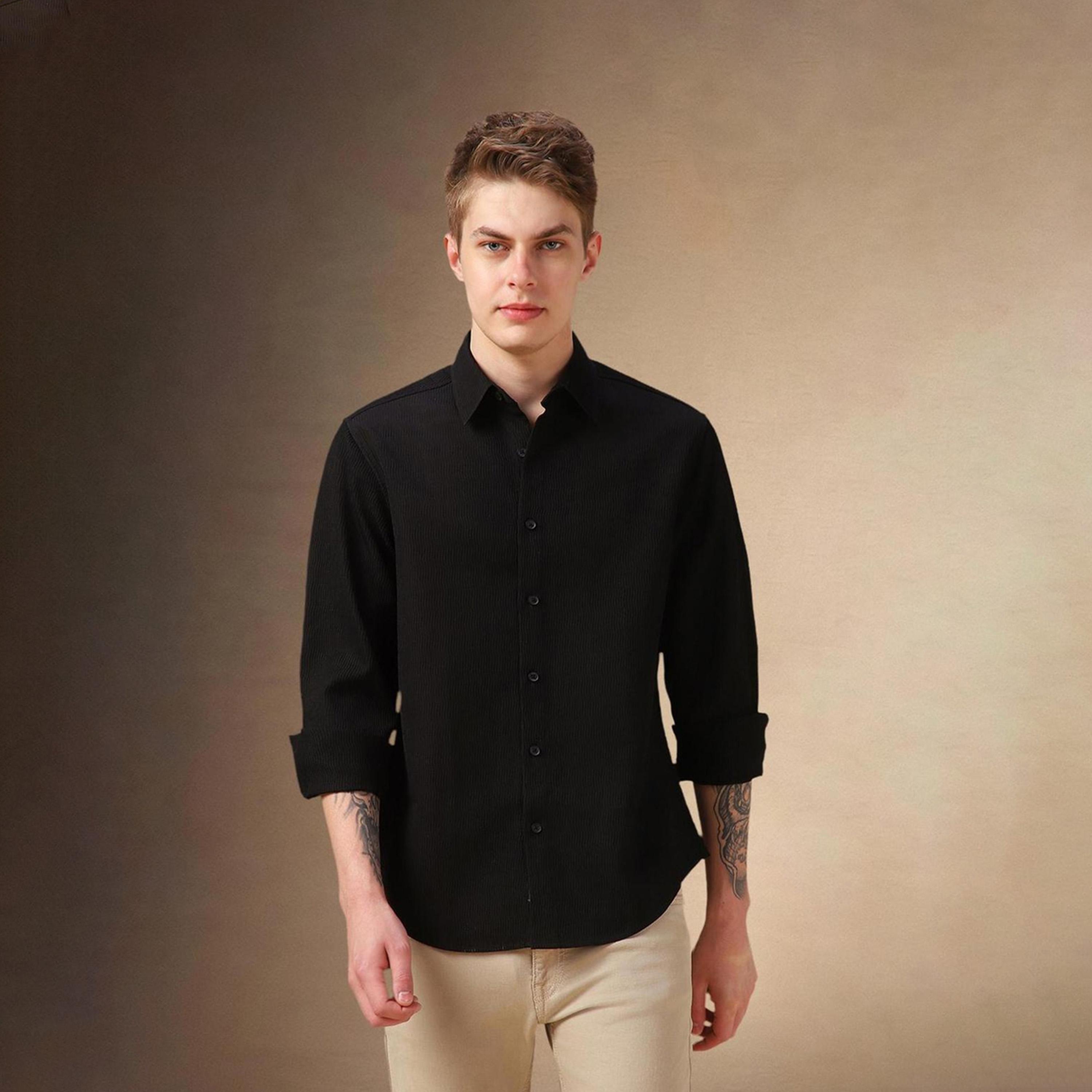 Dennis Lingo X Styli Black Spread Collar Solid Cotton Casual Shirt-men-clothing-shirts-image-6