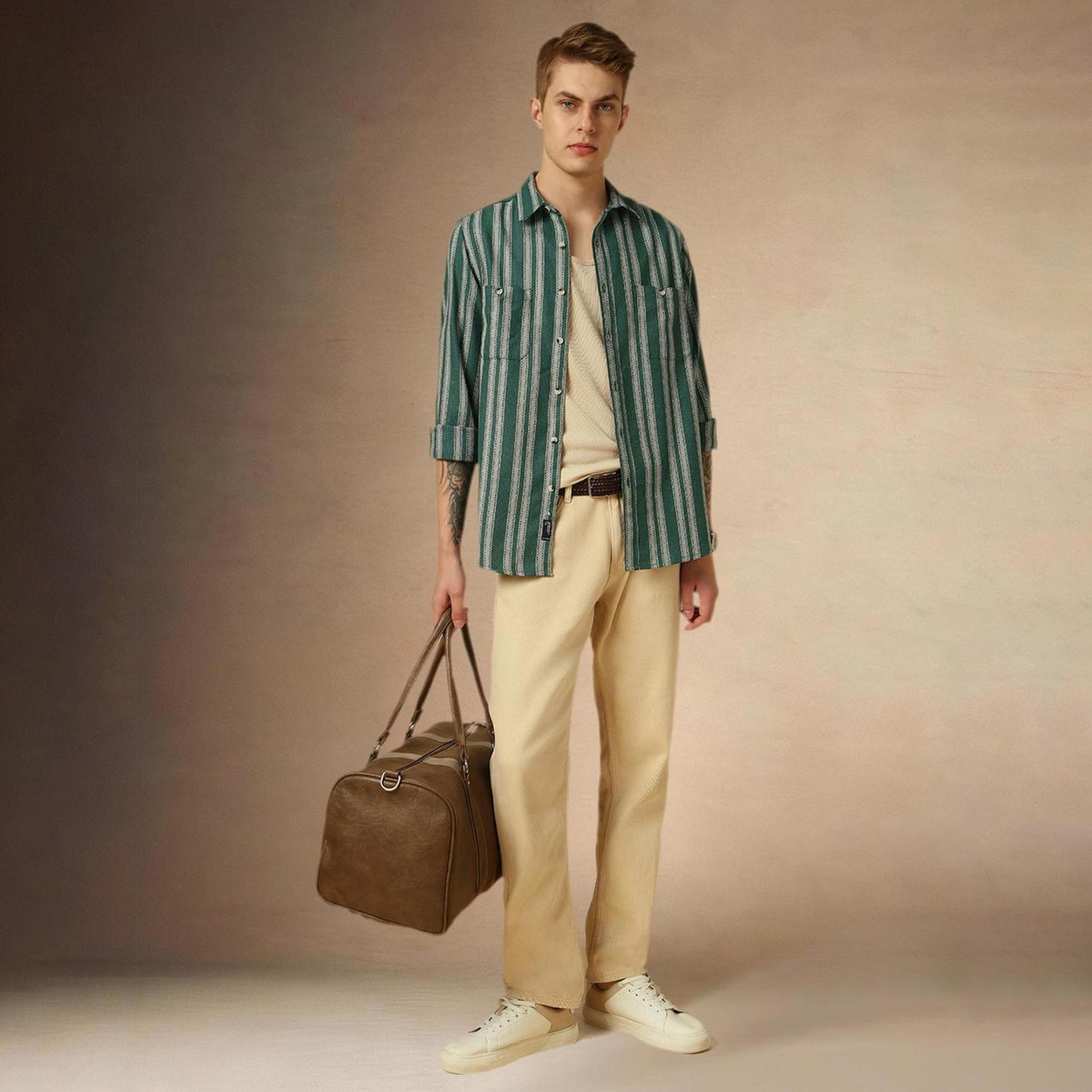 Dennis Lingo X Styli Green Relaxed Fit Vertical Striped Spread Collar Pure Cotton Casual Shacket-men-clothing-shirts-image-1