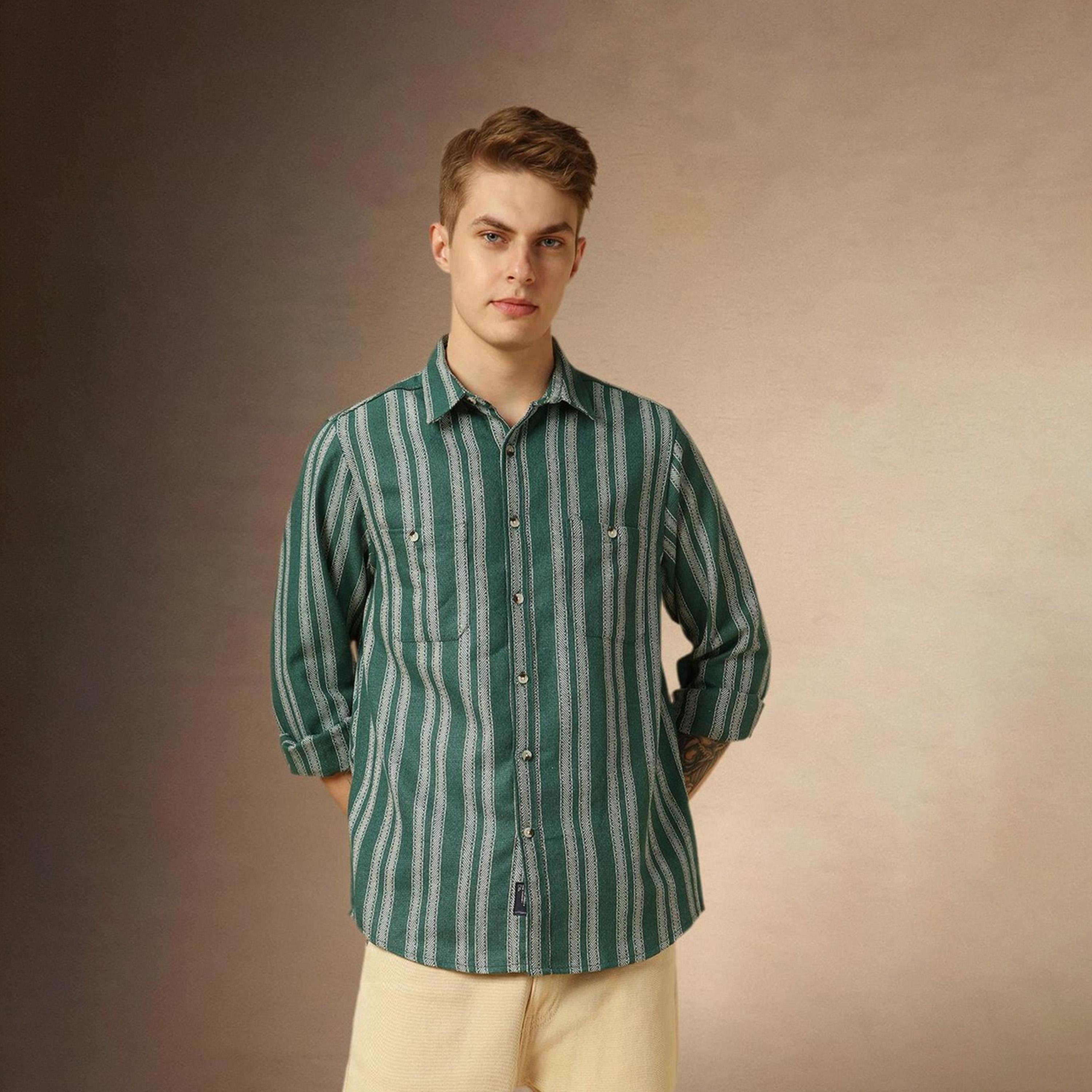 دينيس لينغو× ستايلي-  سترة خضراء مريحة ياقة واسعة ومخططة رأسيًا قطن خالص-men-clothing-shirts-image-3