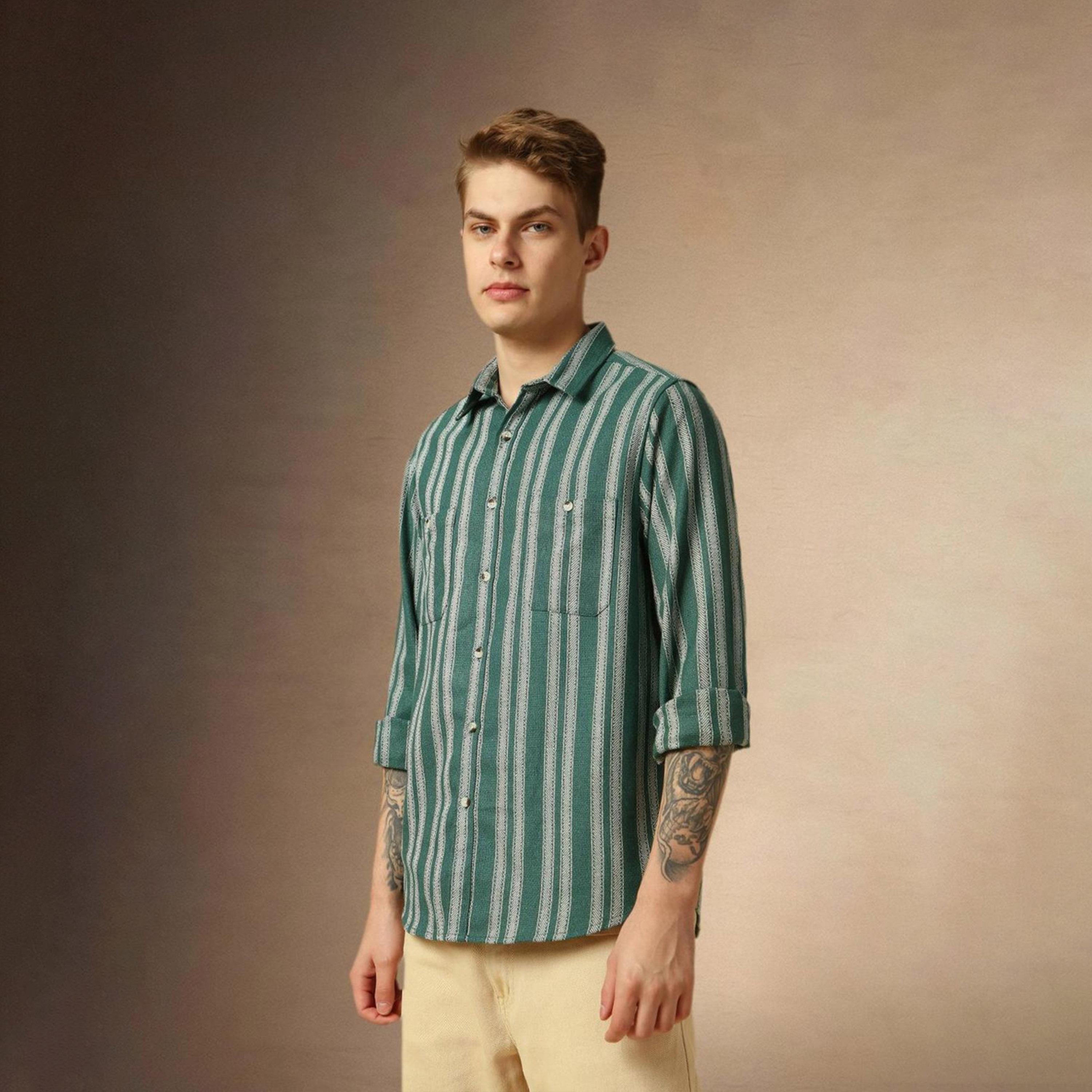 Dennis Lingo X Styli Green Relaxed Fit Vertical Striped Spread Collar Pure Cotton Casual Shacket-men-clothing-shirts-image-4