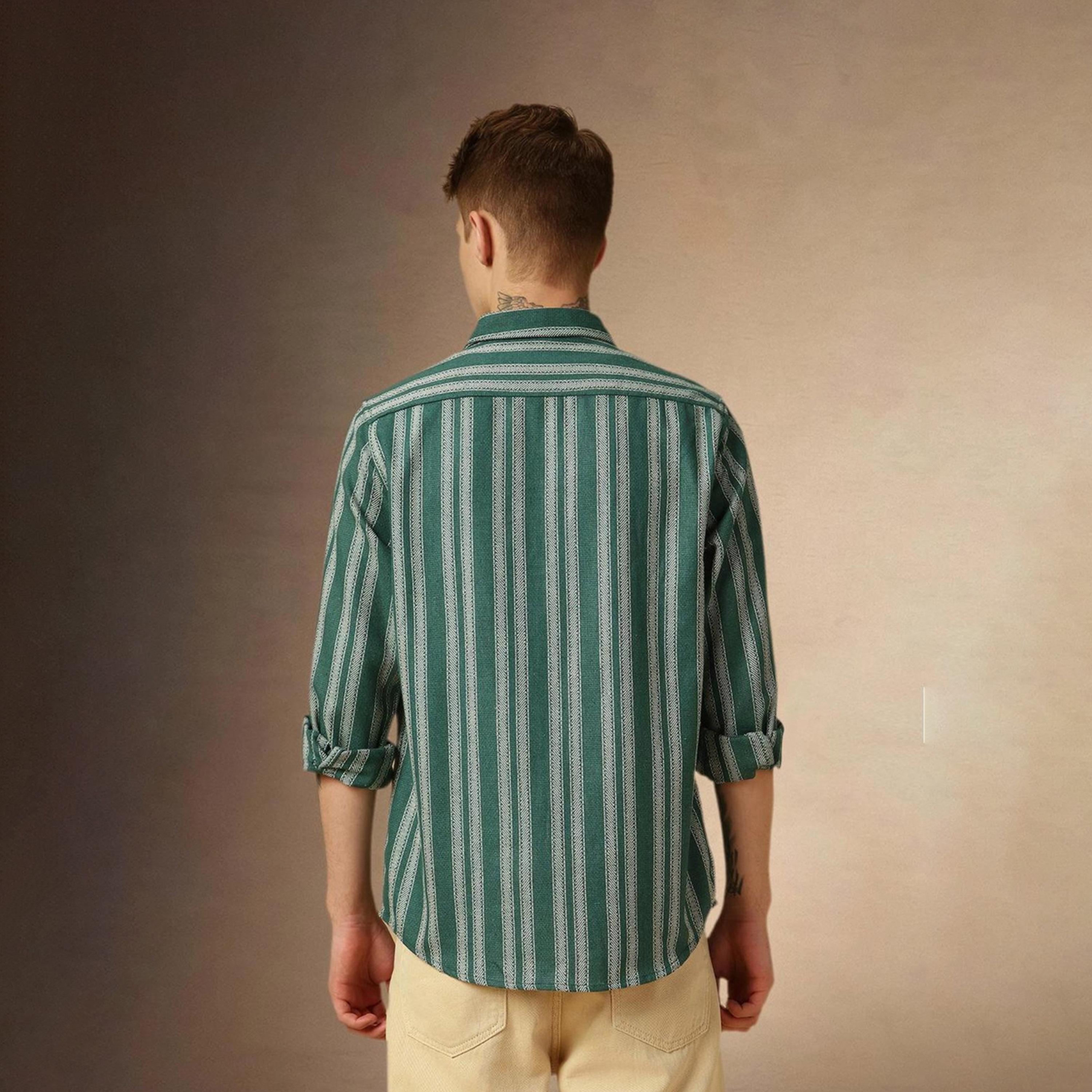 Dennis Lingo X Styli Green Relaxed Fit Vertical Striped Spread Collar Pure Cotton Casual Shacket-men-clothing-shirts-image-5