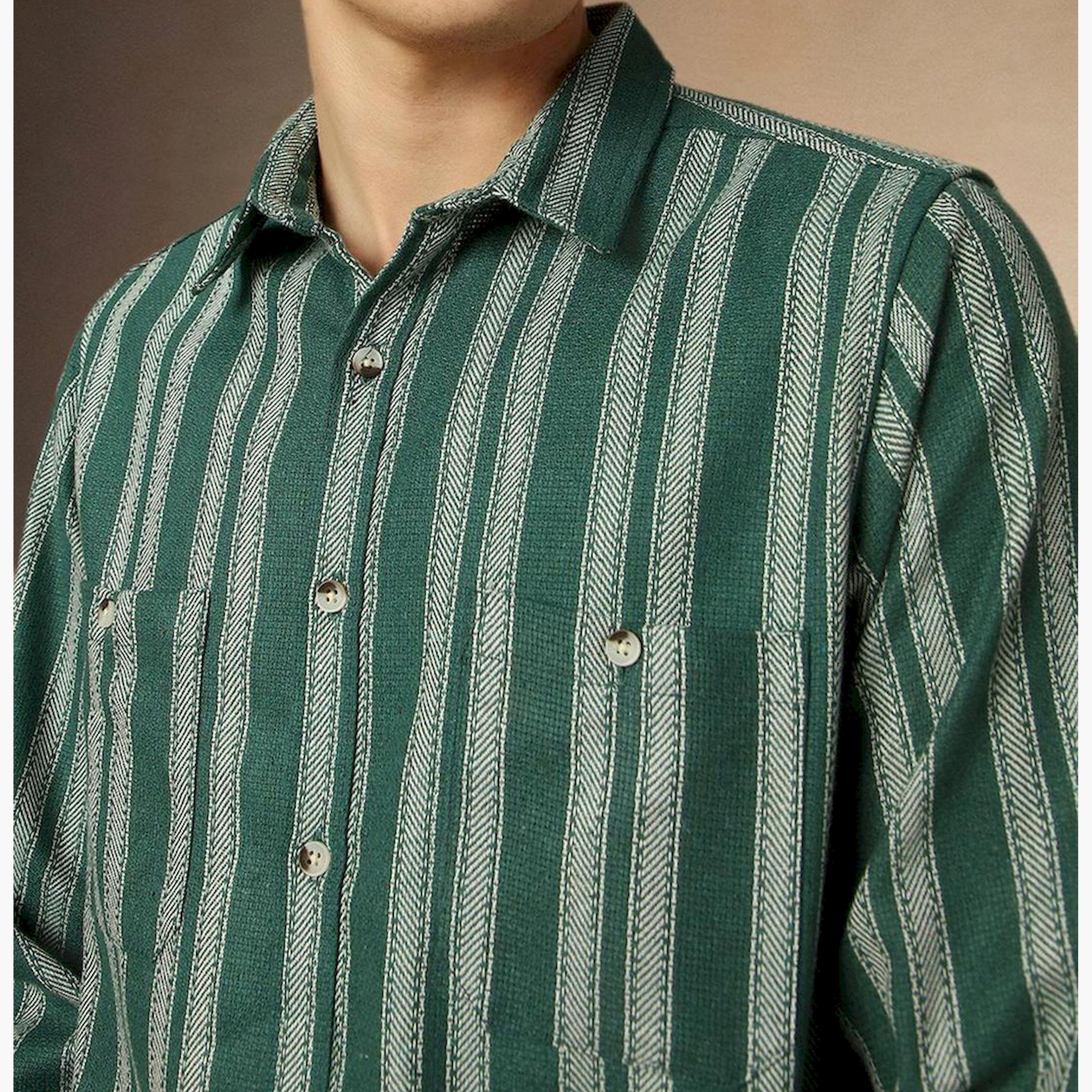 دينيس لينغو× ستايلي-  سترة خضراء مريحة ياقة واسعة ومخططة رأسيًا قطن خالص-men-clothing-shirts-image-6