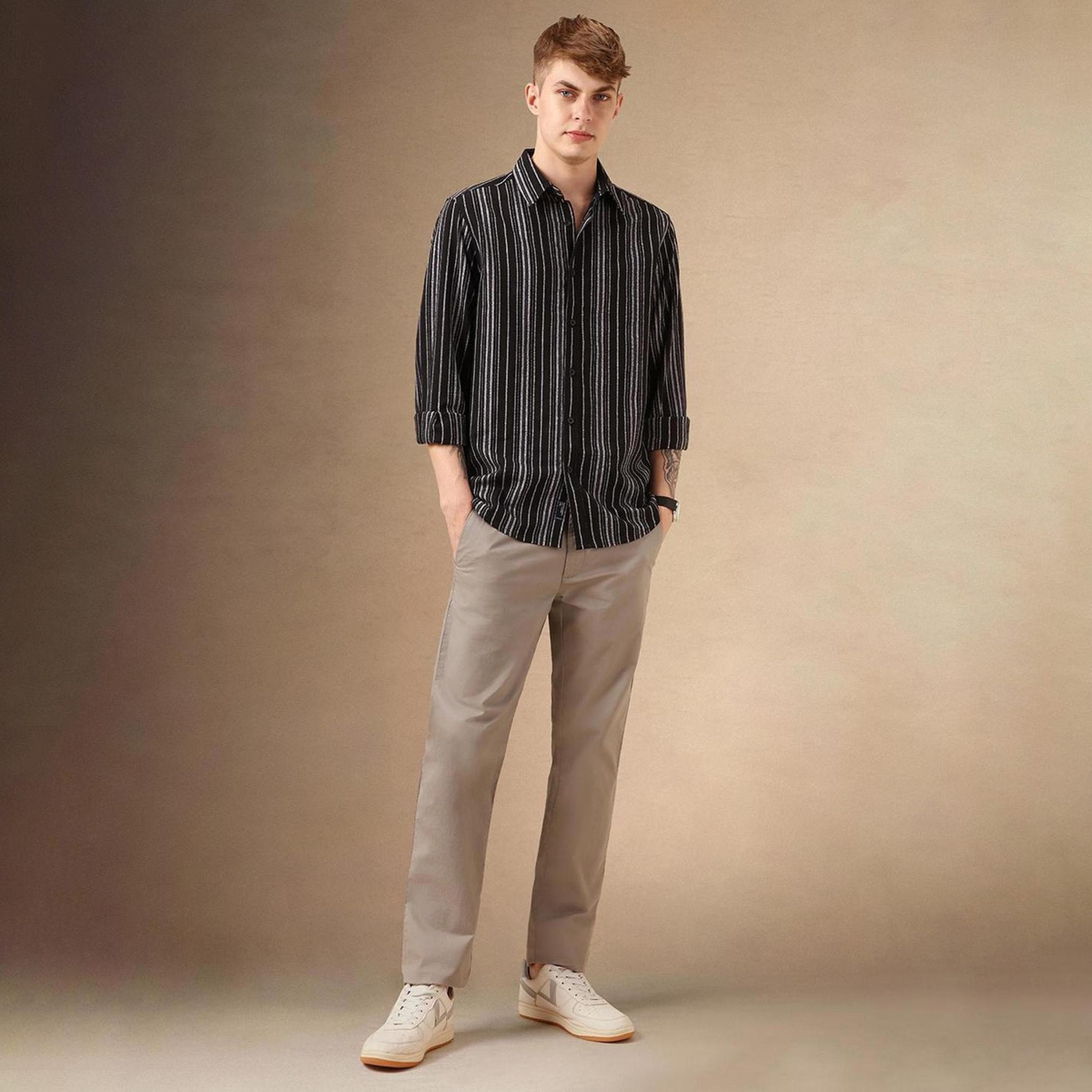 Dennis Lingo X Styli Black Smart Spread Collar Vertical Striped Cotton Relaxed Fit Casual Shirt-men-clothing-shirts-image-1