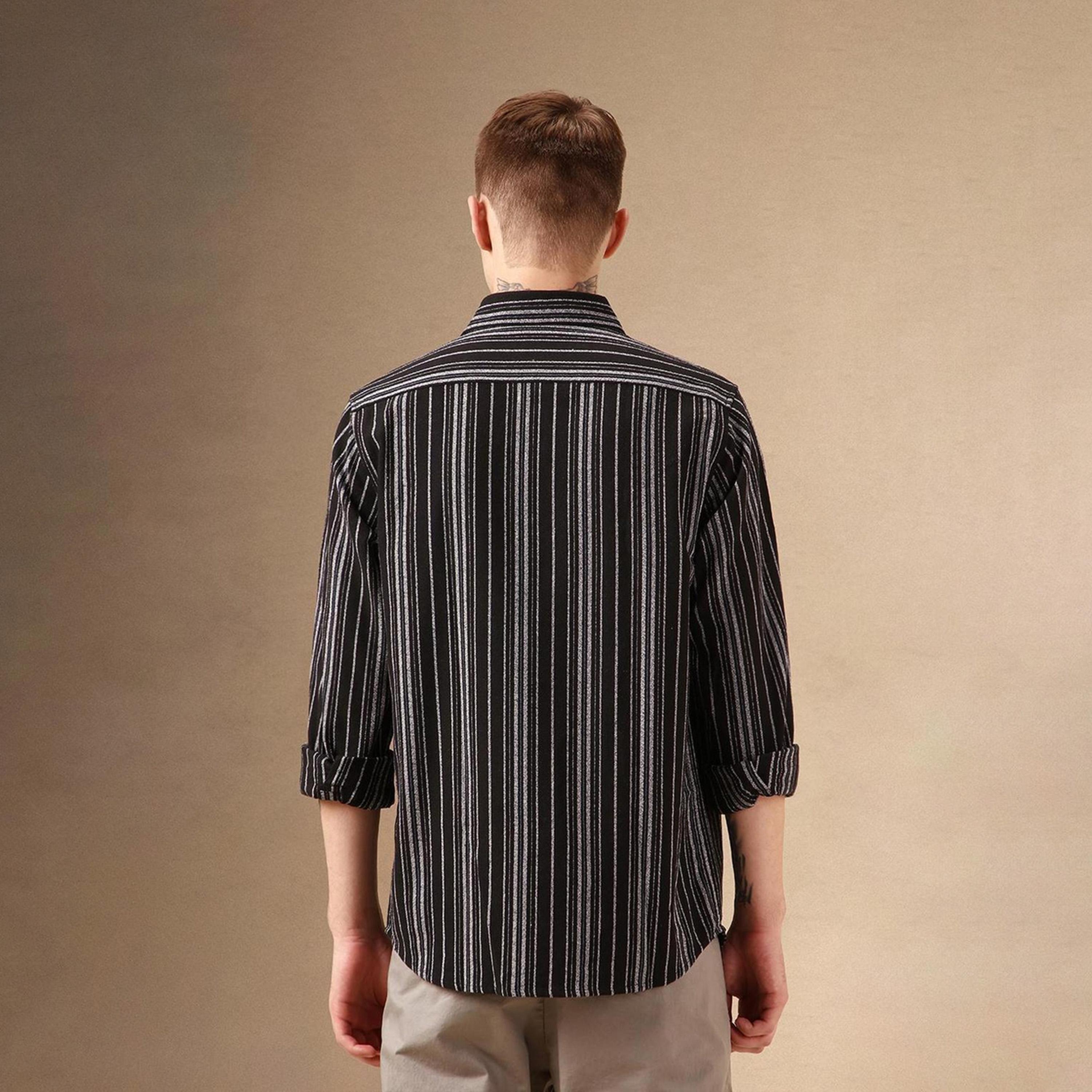 Dennis Lingo X Styli Black Smart Spread Collar Vertical Striped Cotton Relaxed Fit Casual Shirt-men-clothing-shirts-image-2