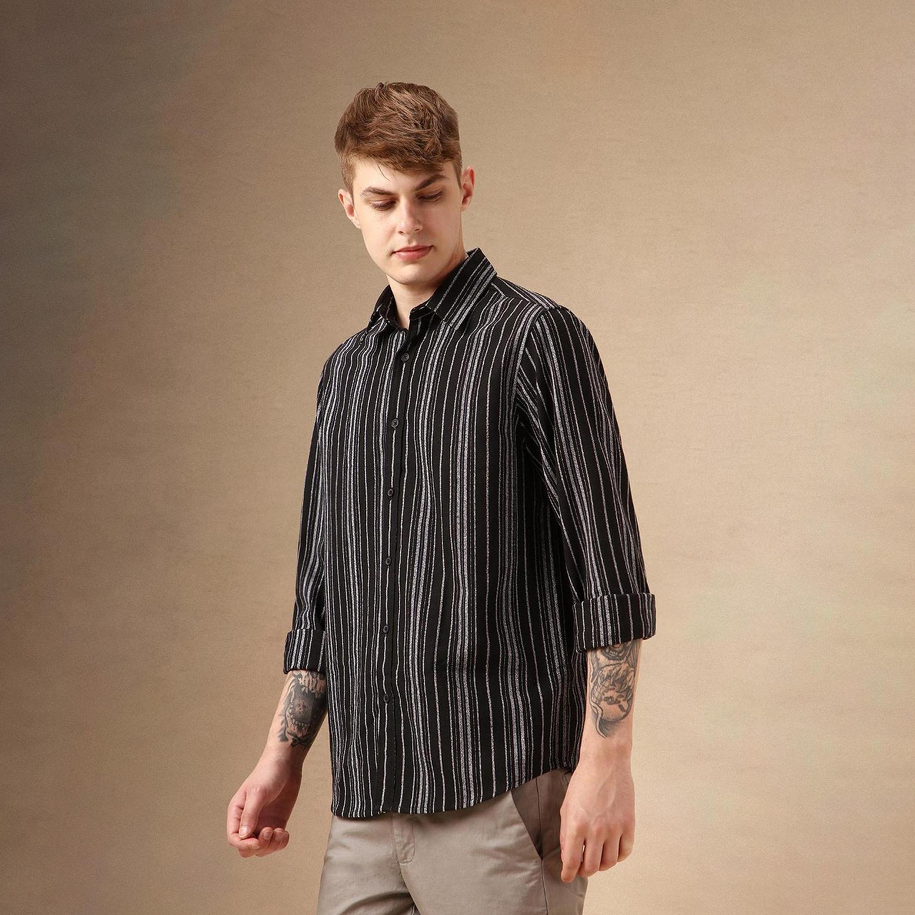 Dennis Lingo X Styli Black Smart Spread Collar Vertical Striped Cotton Relaxed Fit Casual Shirt-men-clothing-shirts-image-3