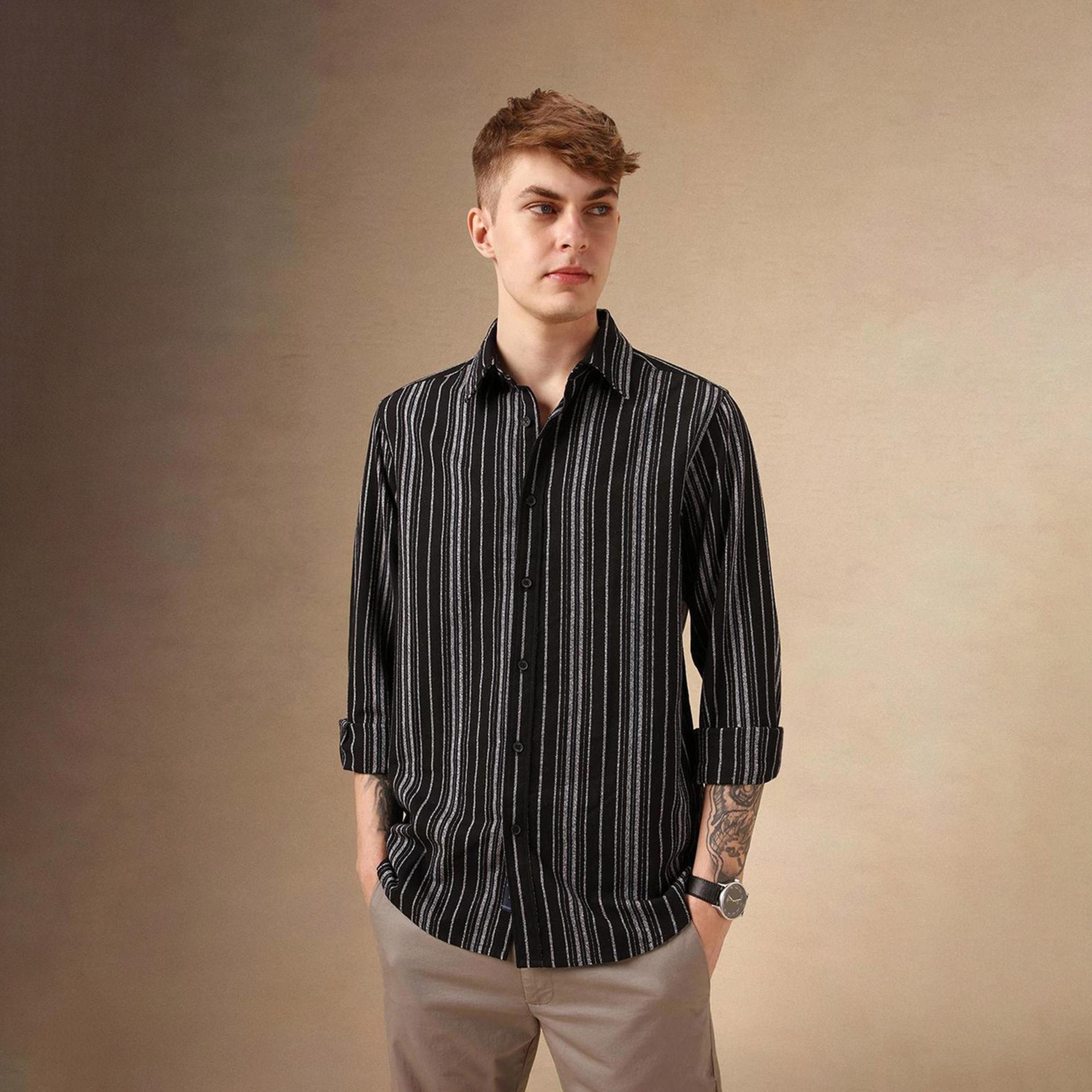 Dennis Lingo X Styli Black Smart Spread Collar Vertical Striped Cotton Relaxed Fit Casual Shirt-men-clothing-shirts-image-6