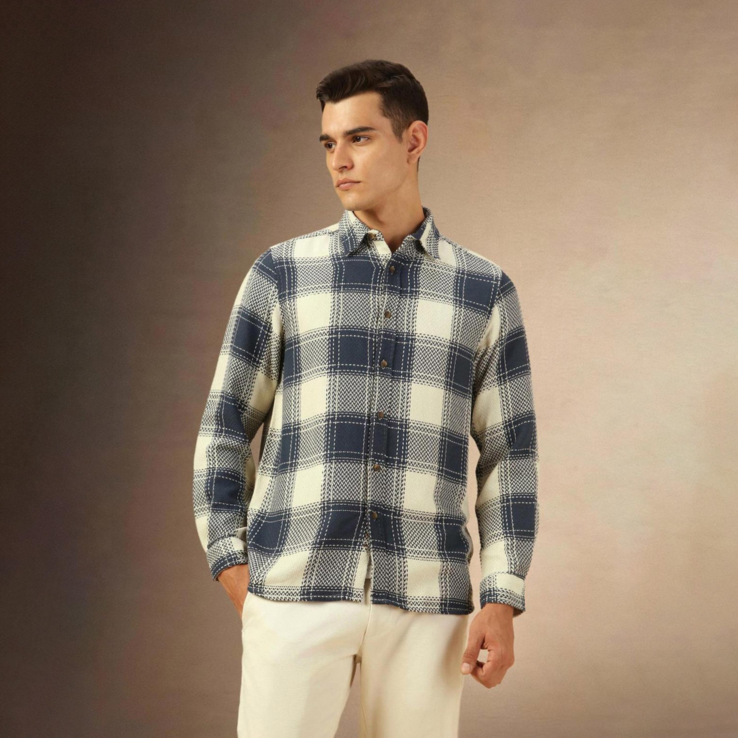 Dennis Lingo X Styli Men Comfort Spread Collar Checked Cotton Relaxed Fit Shacket-men-clothing-shirts-image-6