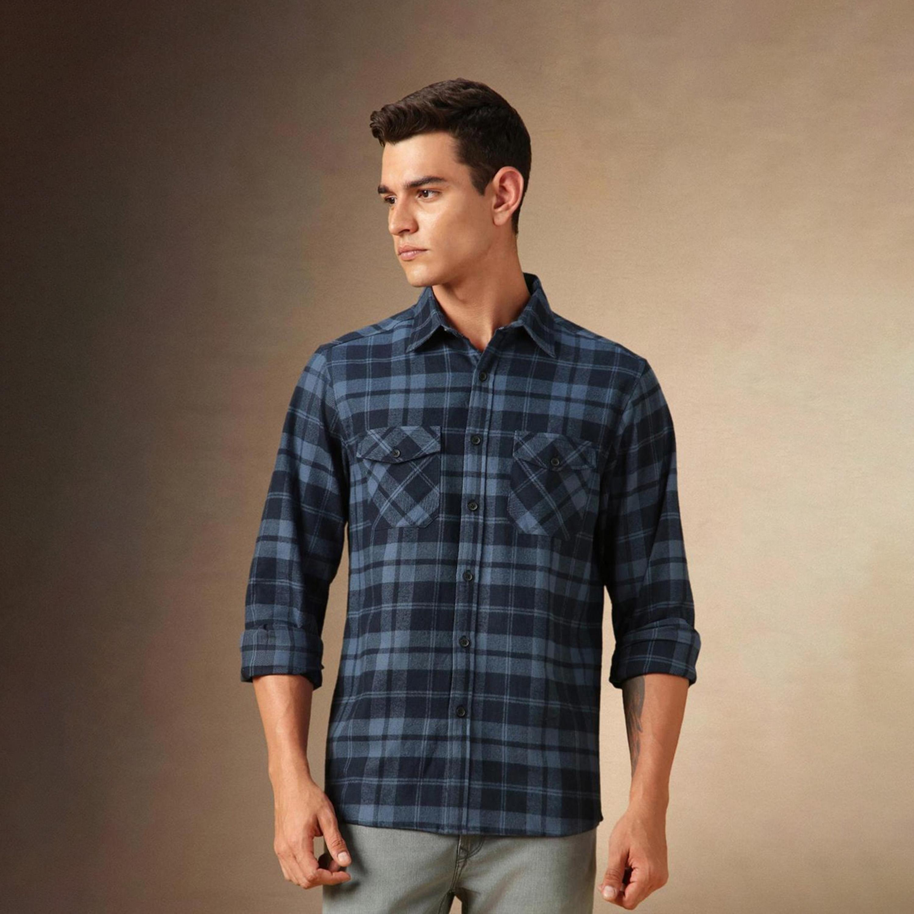 Dennis Lingo X Styli Men Spread Collar Flannel Checked Cotton Relaxed Fit Casual Shirt-men-clothing-shirts-image-1