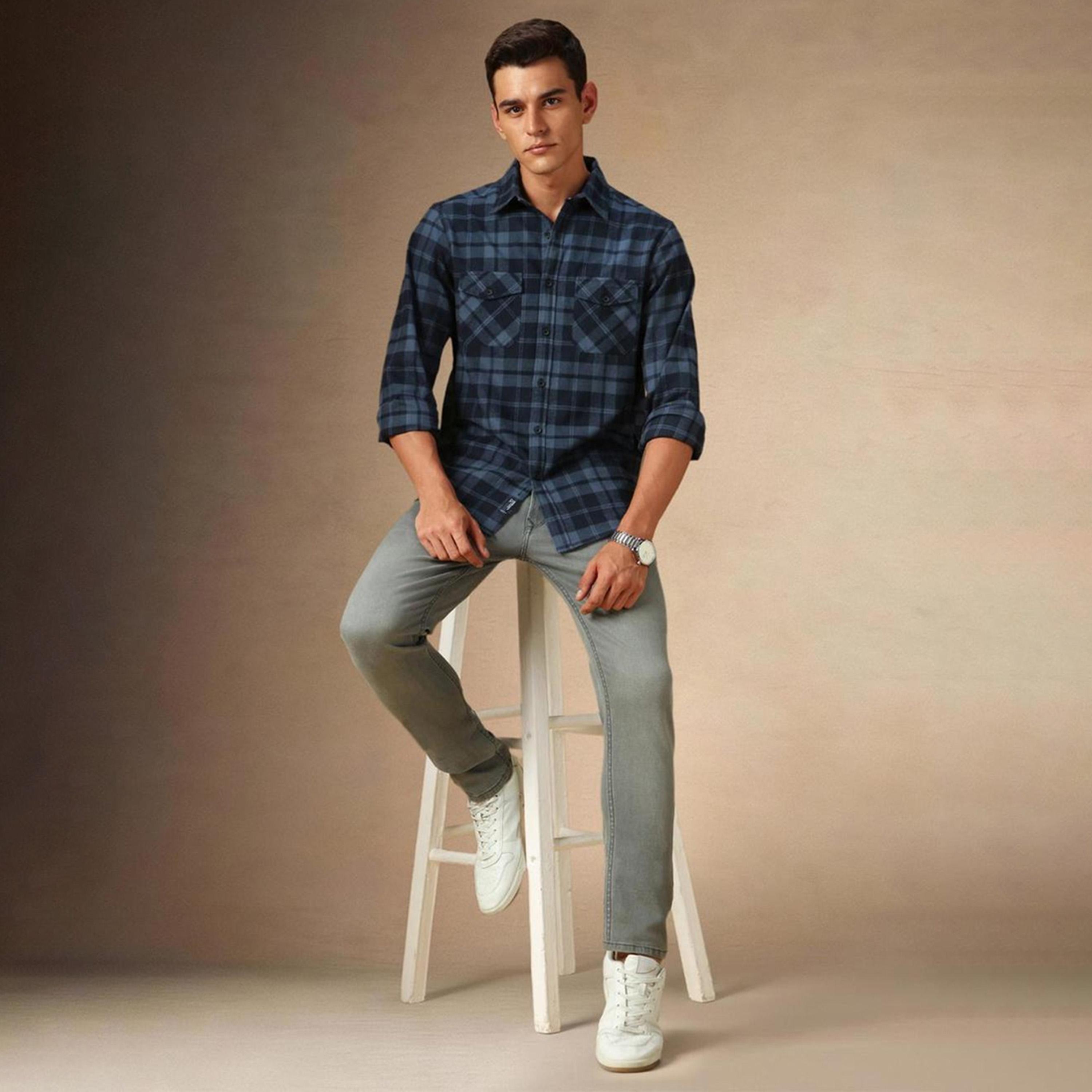 Dennis Lingo X Styli Men Spread Collar Flannel Checked Cotton Relaxed Fit Casual Shirt-men-clothing-shirts-image-2