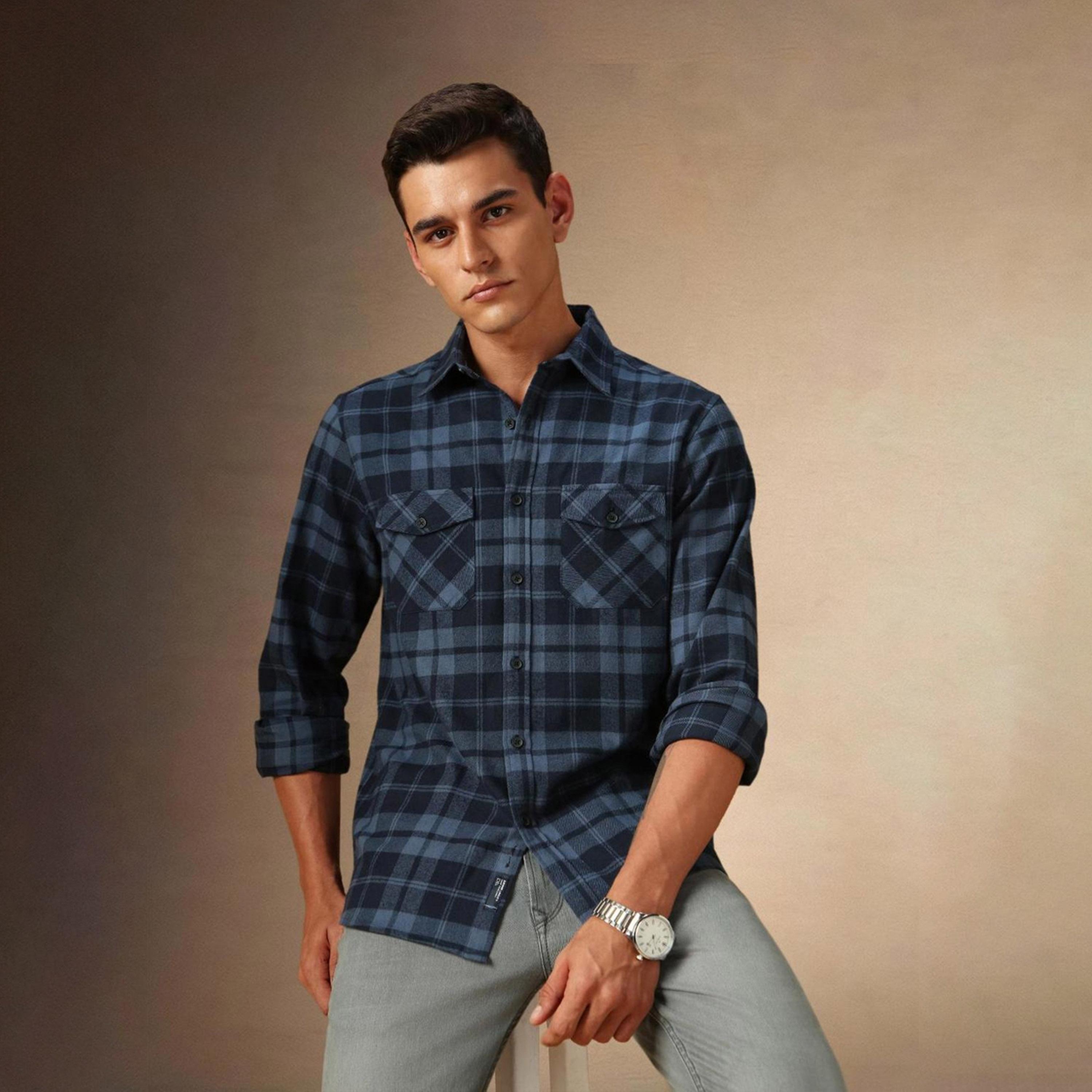 Dennis Lingo X Styli Men Spread Collar Flannel Checked Cotton Relaxed Fit Casual Shirt-men-clothing-shirts-image-4