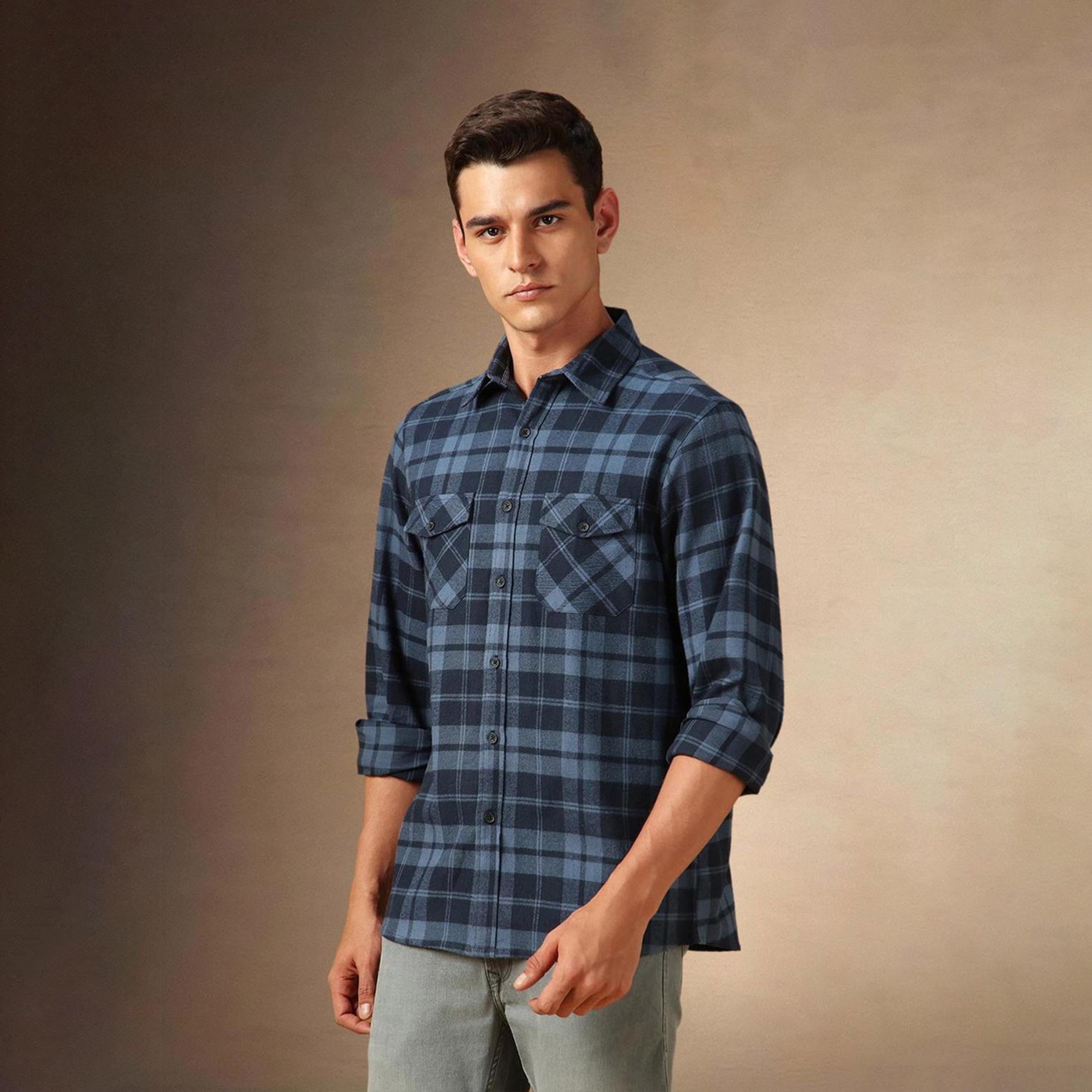 Dennis Lingo X Styli Men Spread Collar Flannel Checked Cotton Relaxed Fit Casual Shirt-men-clothing-shirts-image-5