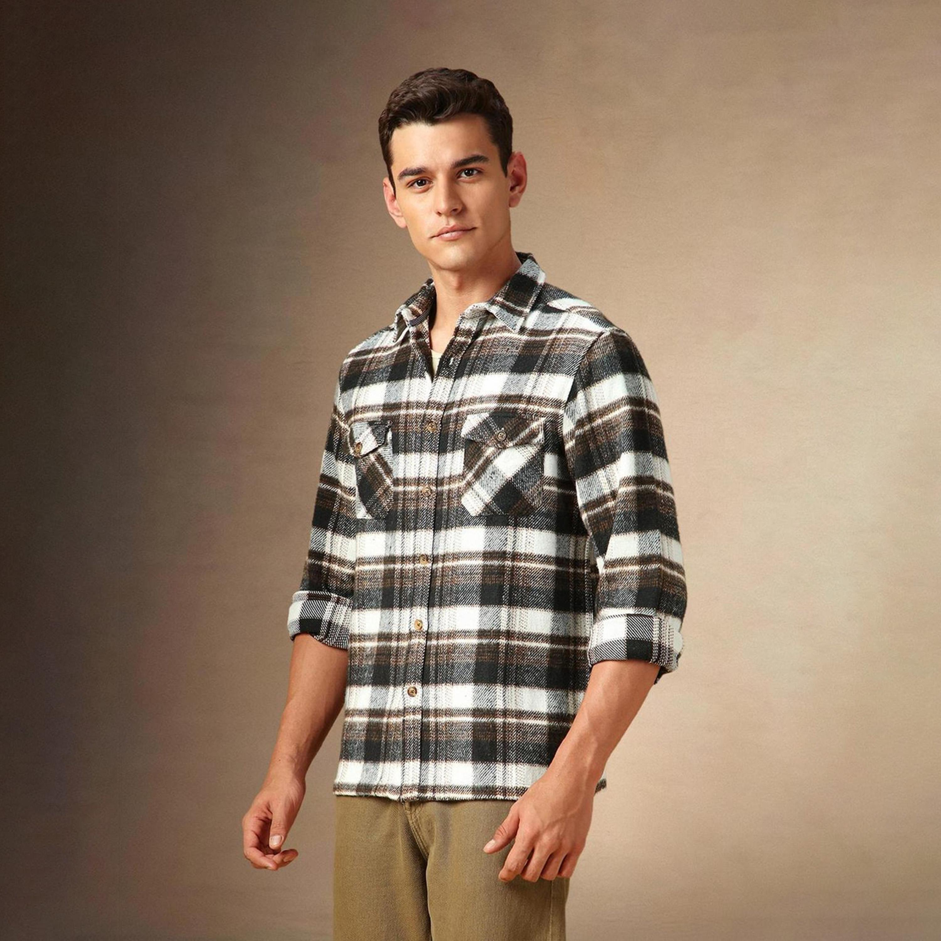 Dennis Lingo X Styli Brown Spread Collar Flannel Checked Cotton Relaxed Fit Shacket-men-clothing-shirts-image-1