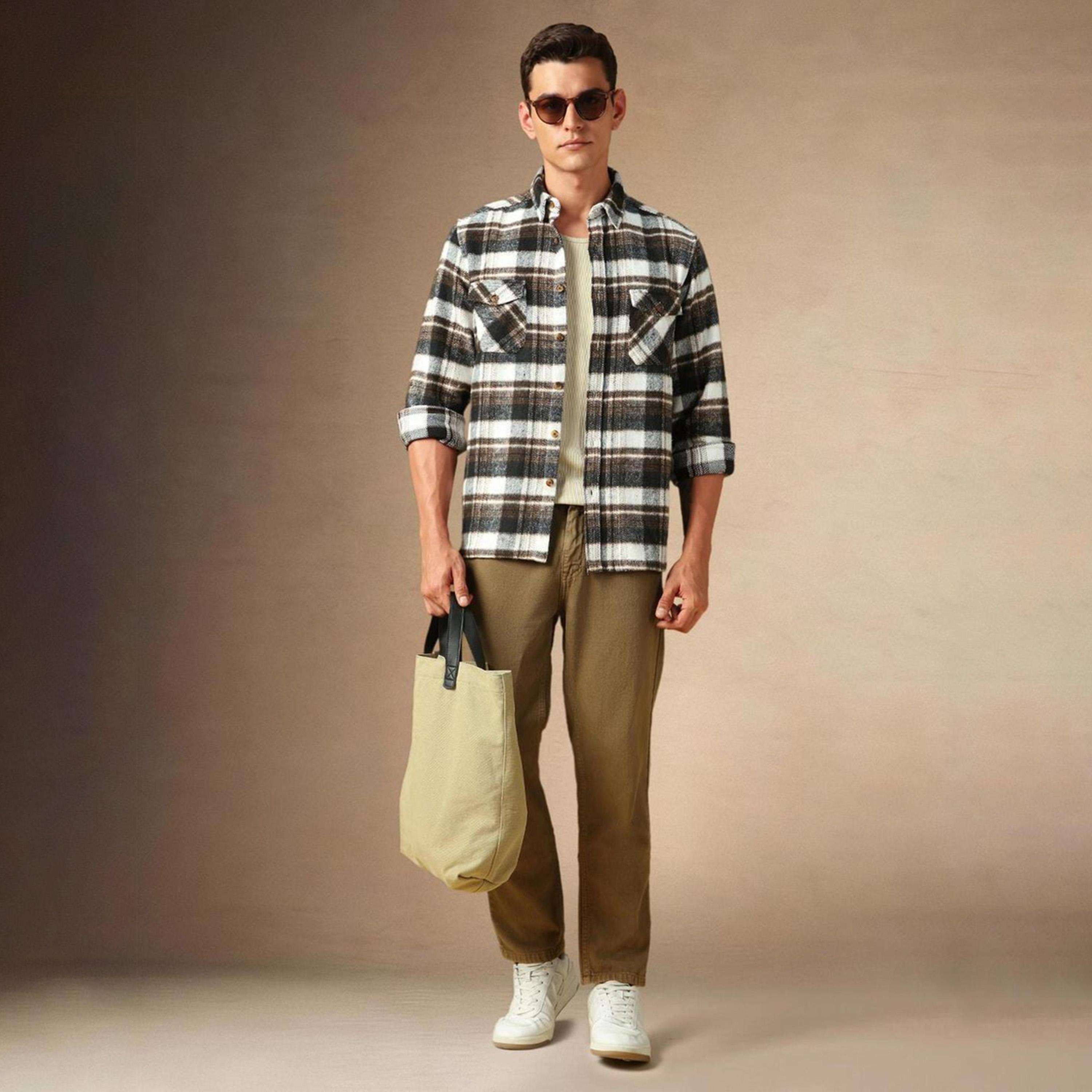 Dennis Lingo X Styli Brown Spread Collar Flannel Checked Cotton Relaxed Fit Shacket-men-clothing-shirts-image-2