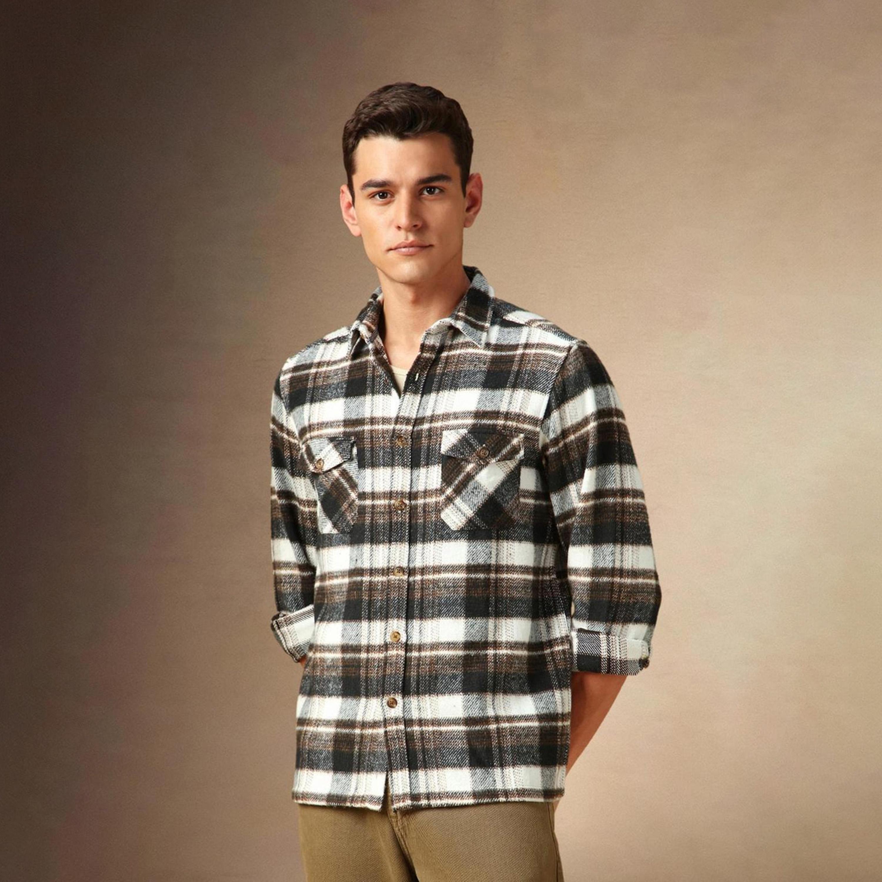 Dennis Lingo X Styli Brown Spread Collar Flannel Checked Cotton Relaxed Fit Shacket-men-clothing-shirts-image-3