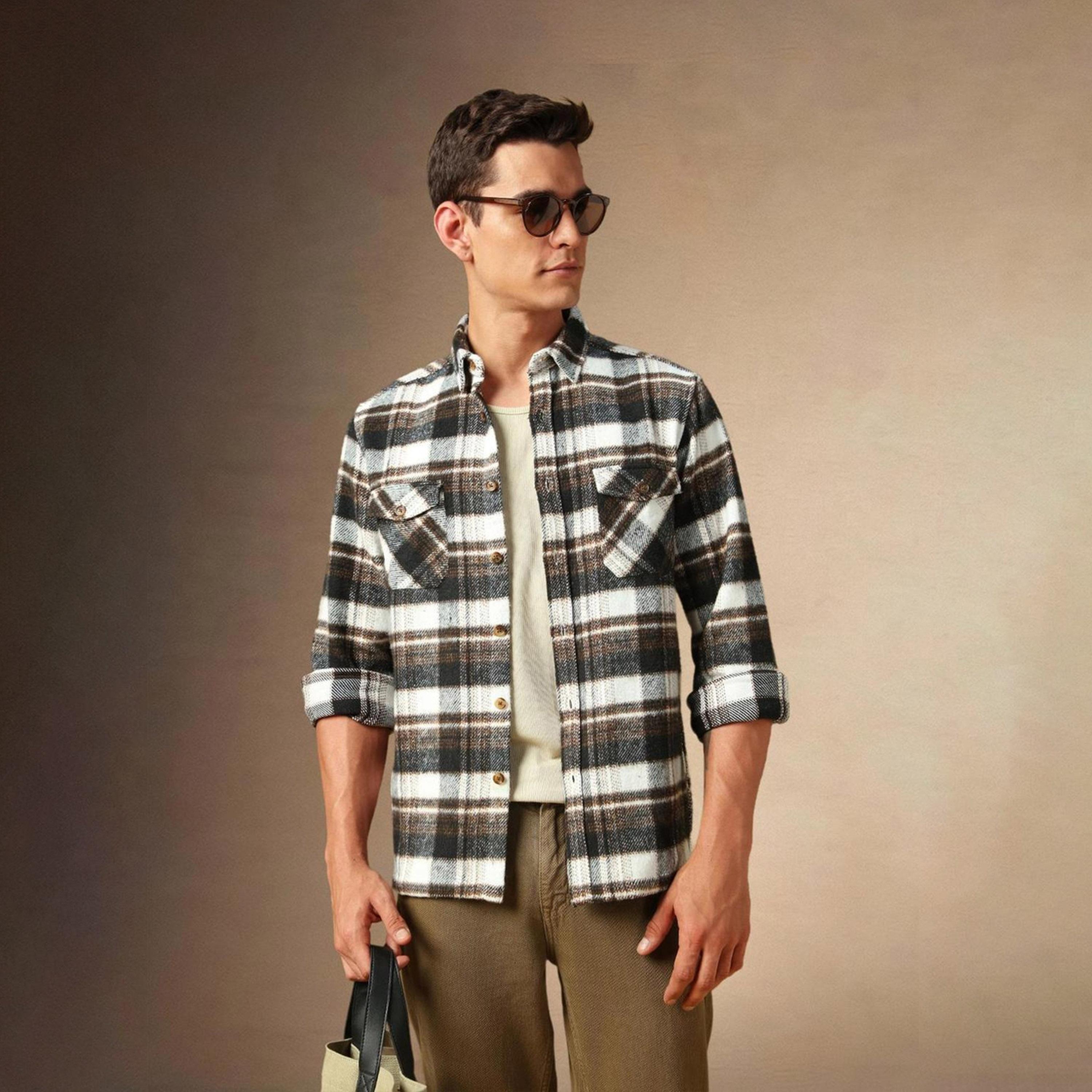 دينيس لينغو× ستايلي-  سترة قطن ياقة ممتدة باللون البني، سترة مريحة قطن-men-clothing-shirts-image-4