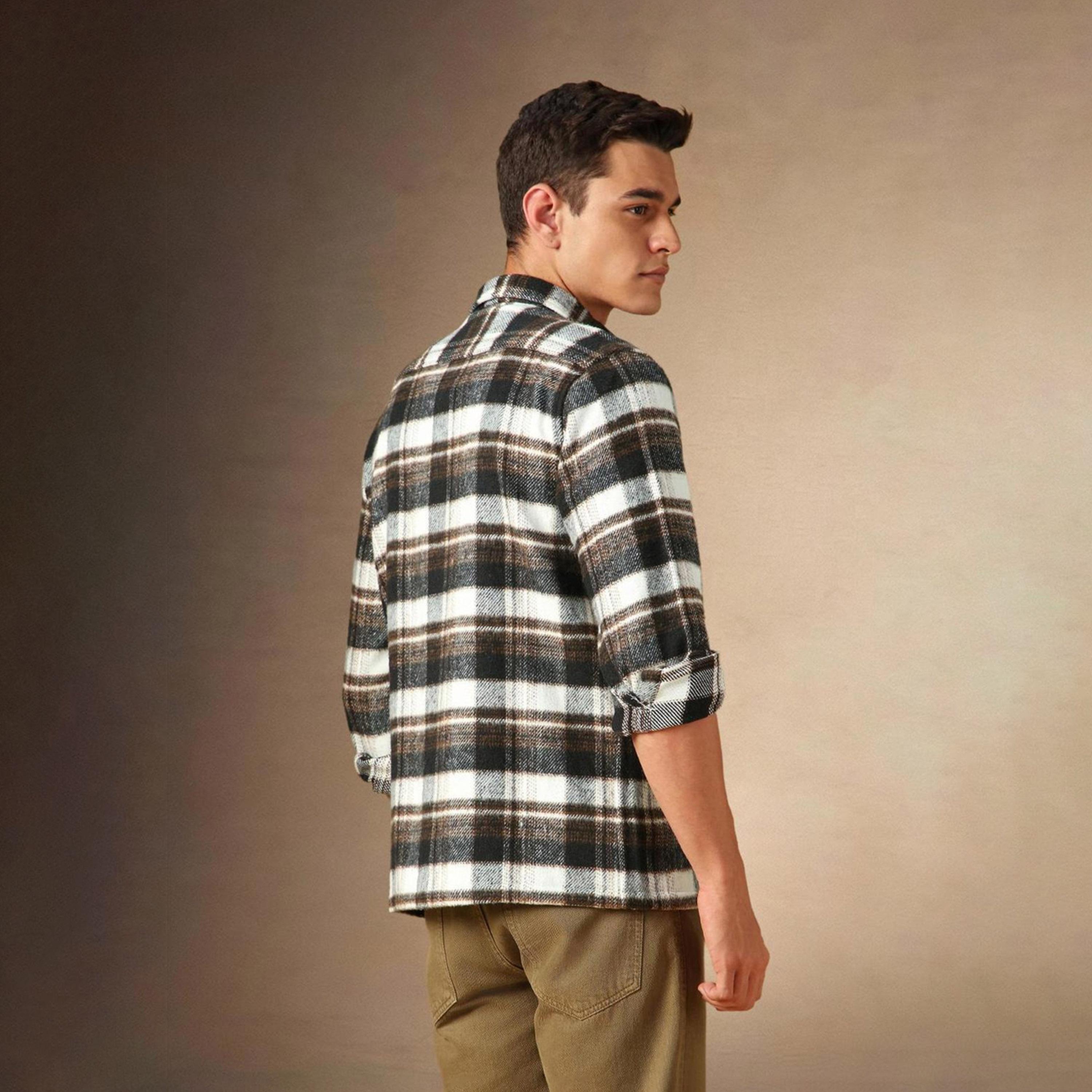 Dennis Lingo X Styli Brown Spread Collar Flannel Checked Cotton Relaxed Fit Shacket-men-clothing-shirts-image-6