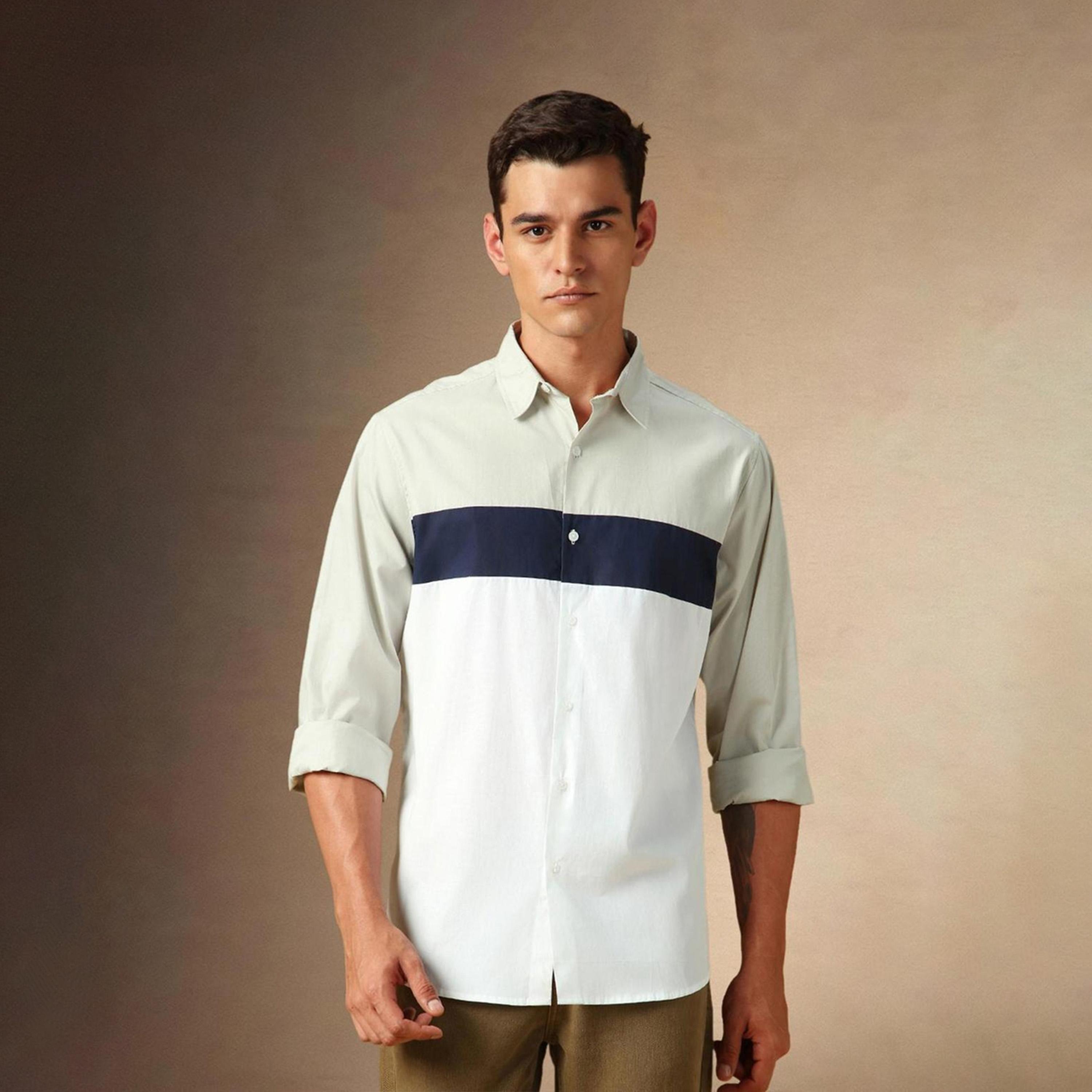 دينيس لينغو× ستايلي-  قميص كاجوال بياقة واسعة باللون البيج-men-clothing-shirts-image-1