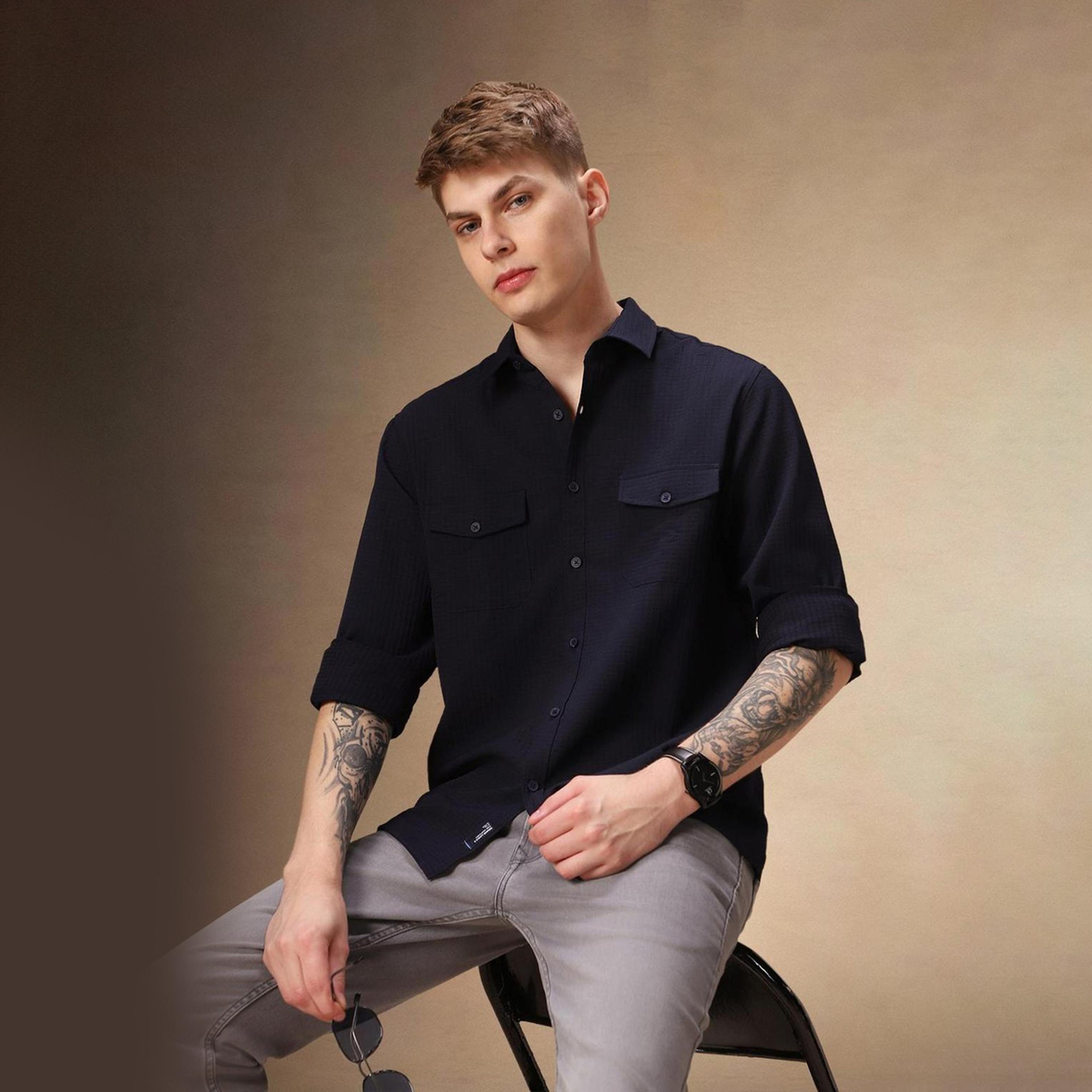 Dennis Lingo X Styli Men Spread Collar Textured Cotton Relaxed Fit Casual Shirt-men-clothing-shirts-image-1