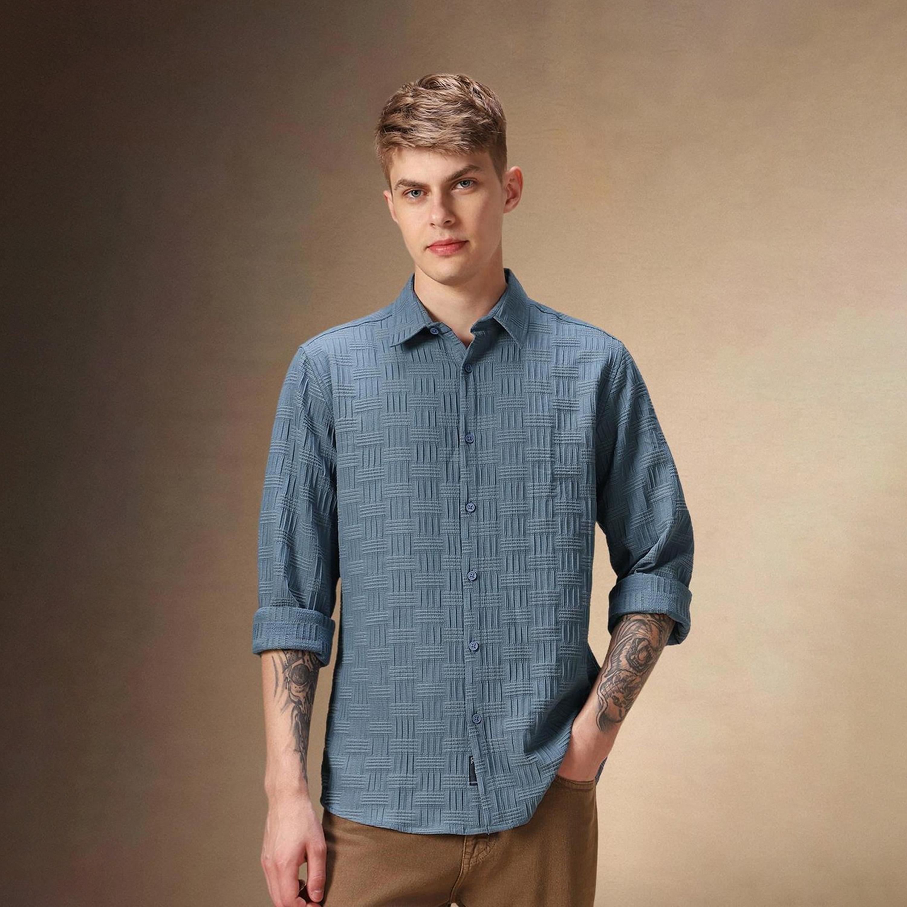 دينيس لينغو× ستايلي-  قميص كاجوال قطن ياقة ممتدة باللون الأزرق-men-clothing-shirts-image-1
