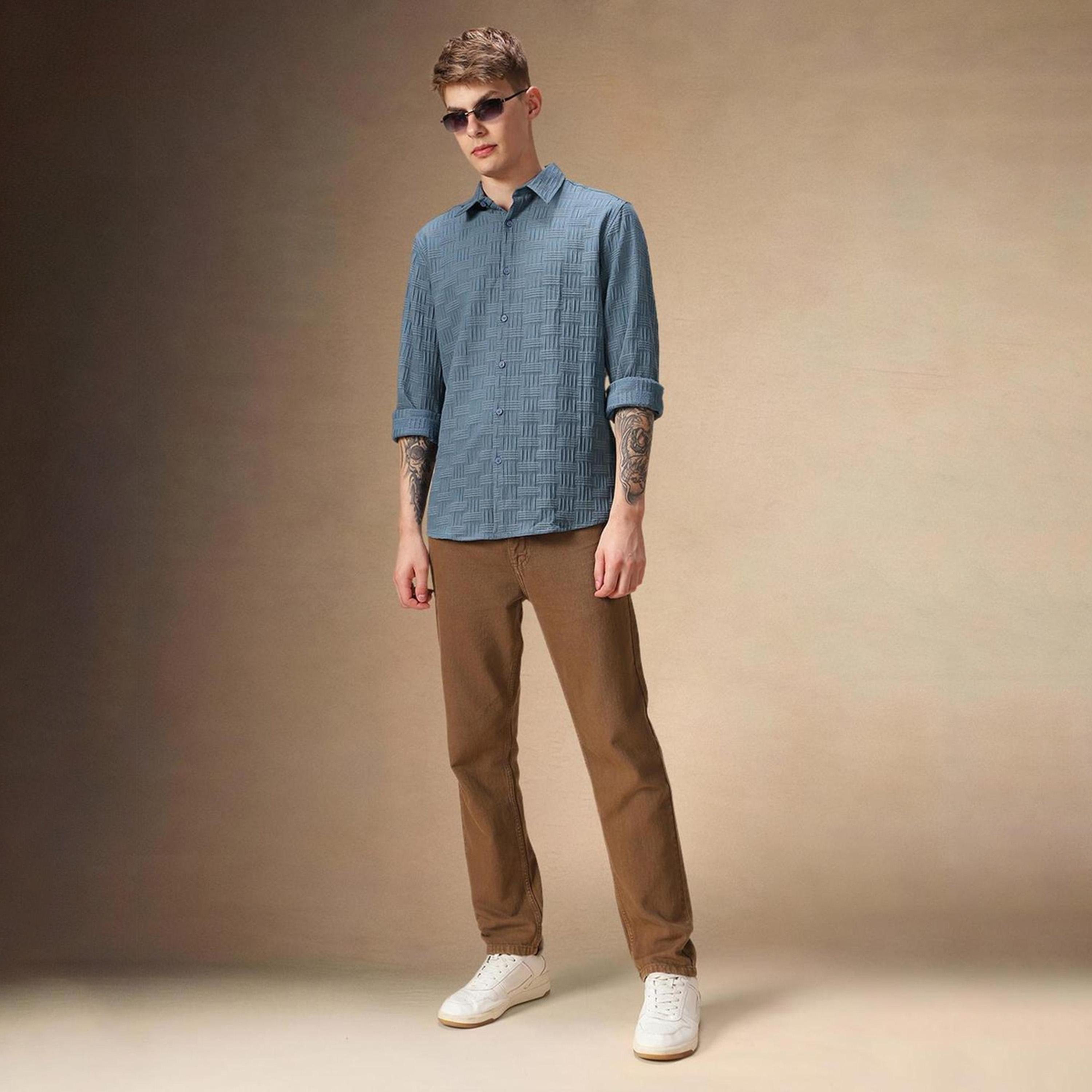 Dennis Lingo X Styli Blue Spread Collar Textured Cotton Casual Shirt-men-clothing-shirts-image-2