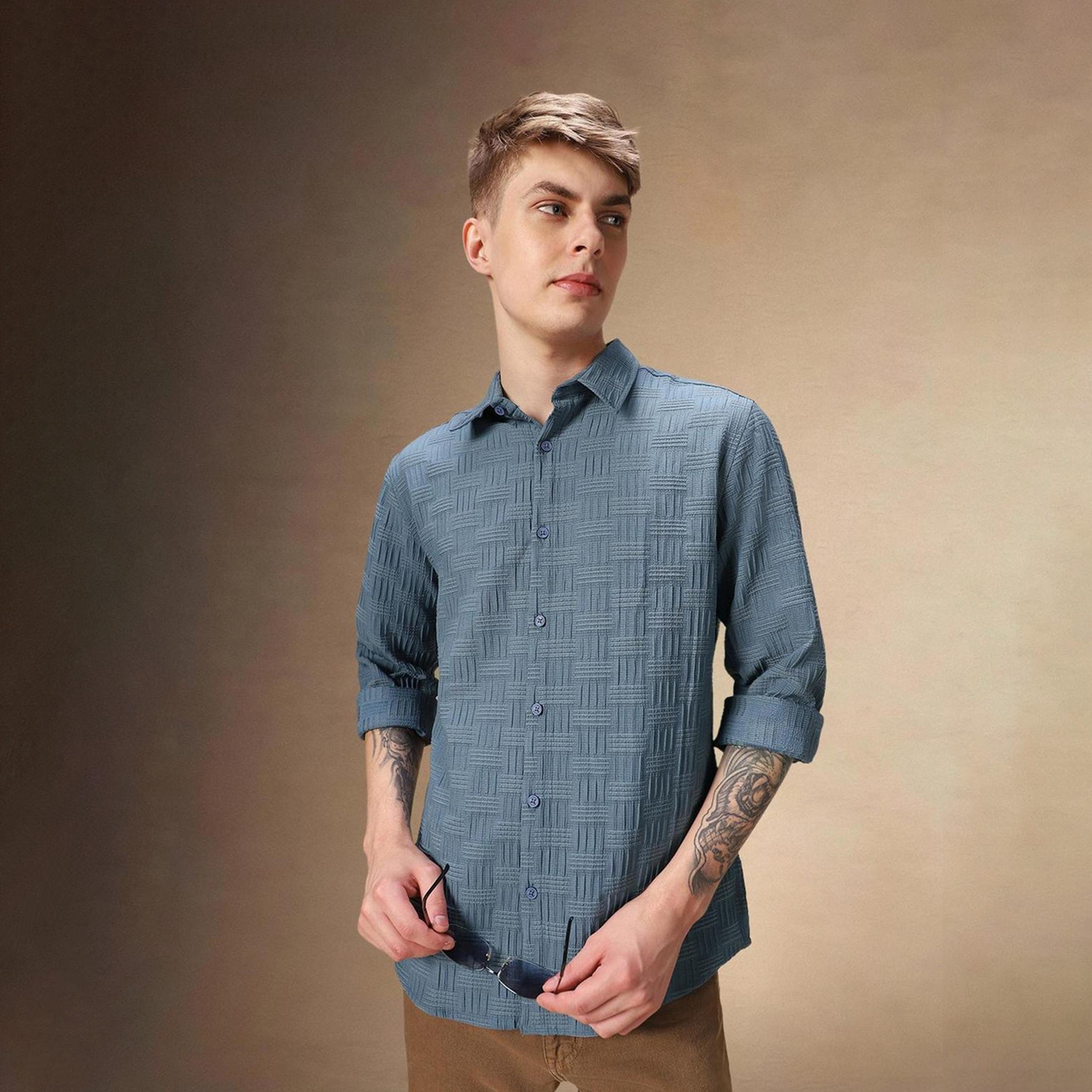 Dennis Lingo X Styli Blue Spread Collar Textured Cotton Casual Shirt-men-clothing-shirts-image-3