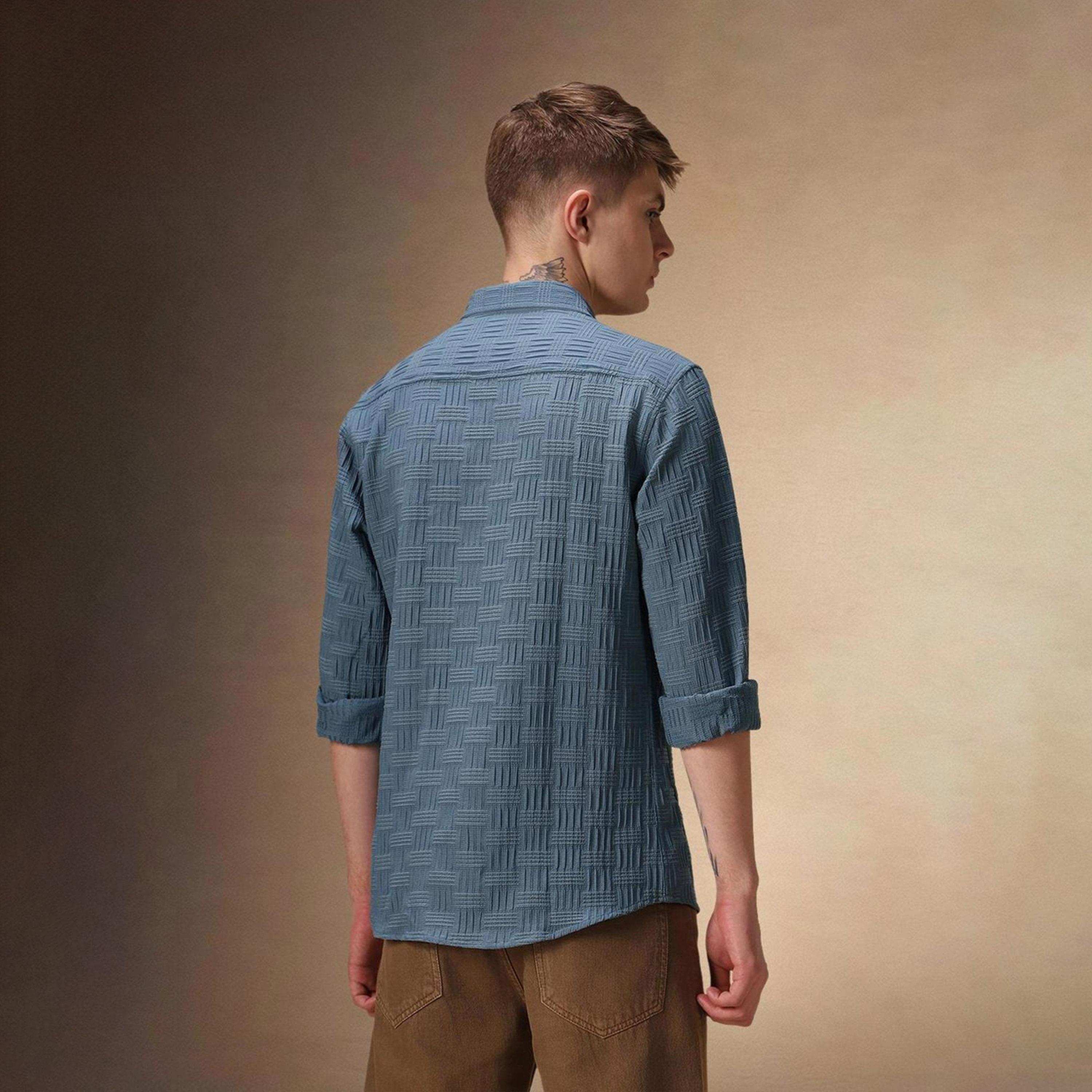 Dennis Lingo X Styli Blue Spread Collar Textured Cotton Casual Shirt-men-clothing-shirts-image-6