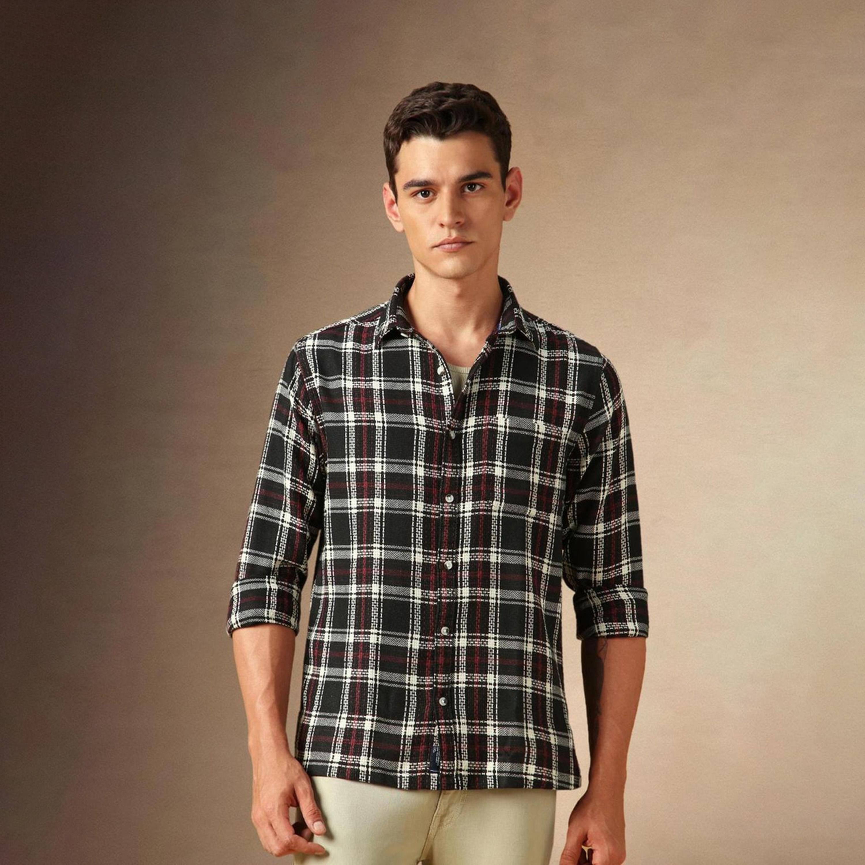 Dennis Lingo X Styli Men Button Down Collar Relaxed Fit Black Tartan Checks Opaque Checked Casual Shirt-men-clothing-shirts-image-1