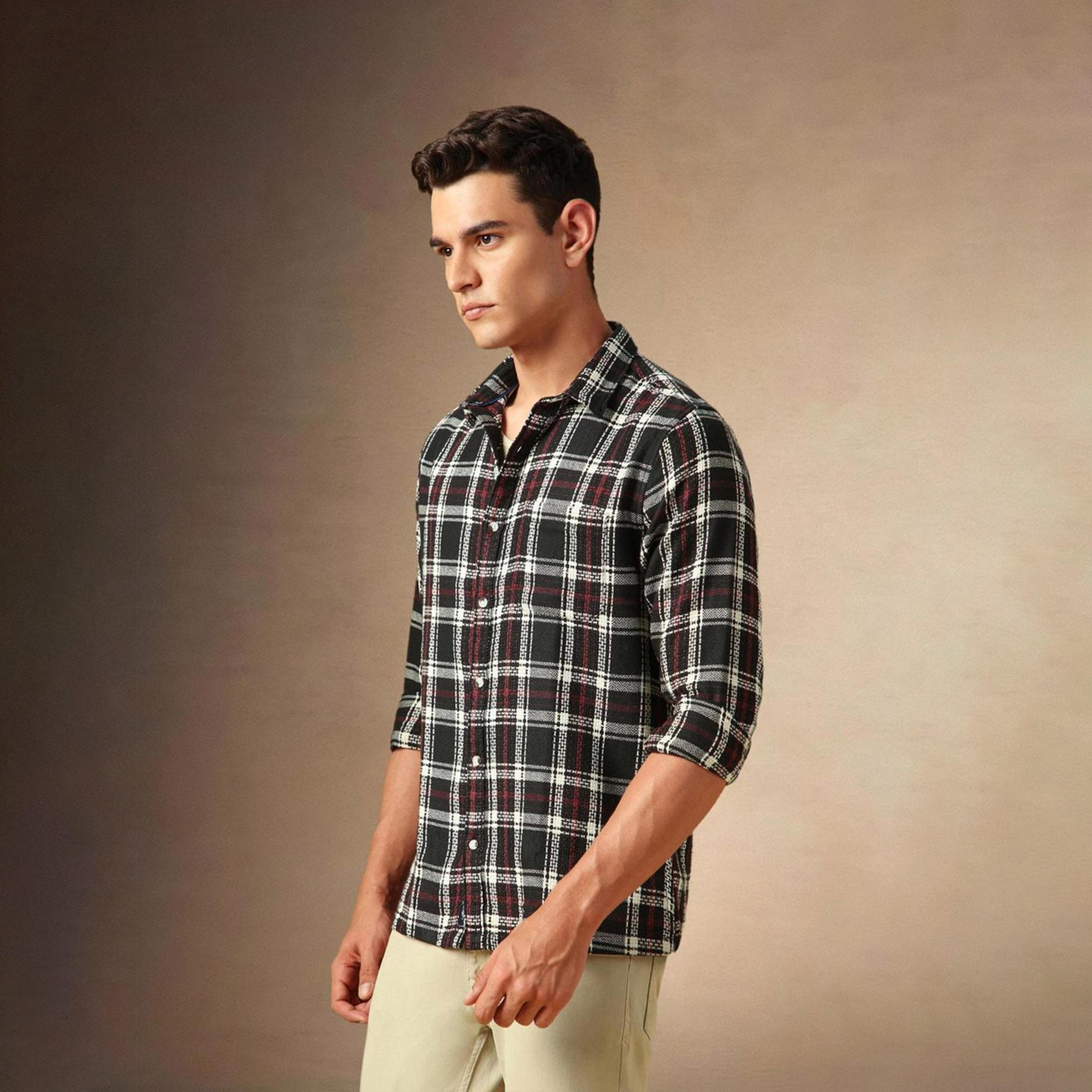 Dennis Lingo X Styli Men Button Down Collar Relaxed Fit Black Tartan Checks Opaque Checked Casual Shirt-men-clothing-shirts-image-3
