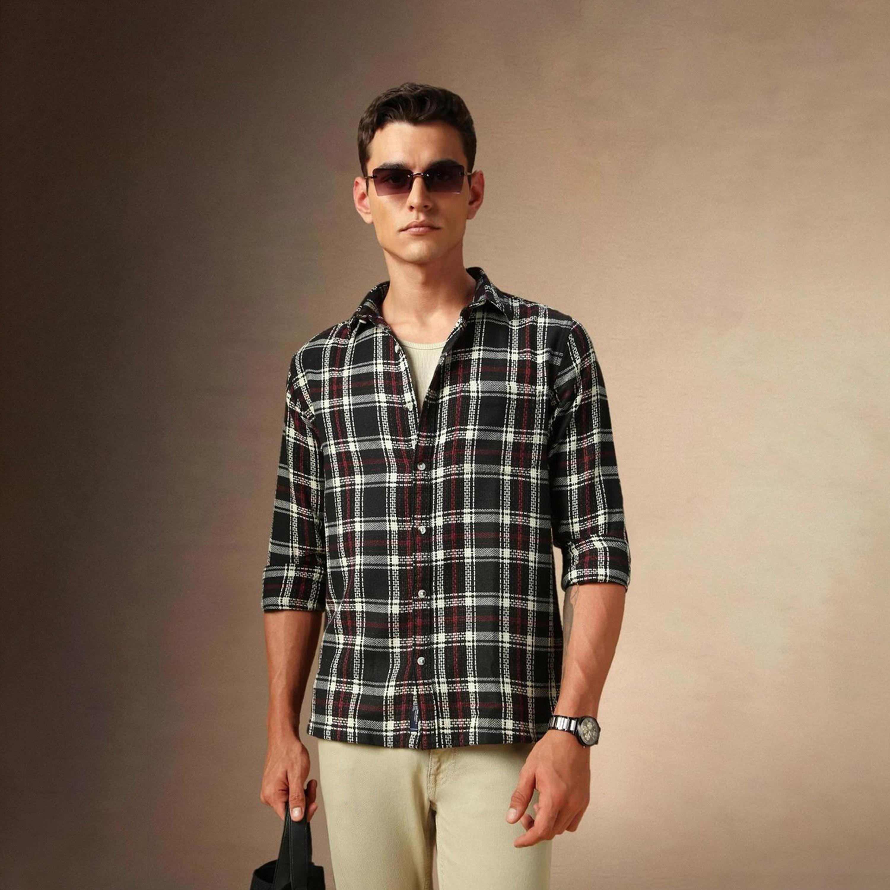 Dennis Lingo X Styli Men Button Down Collar Relaxed Fit Black Tartan Checks Opaque Checked Casual Shirt-men-clothing-shirts-image-5