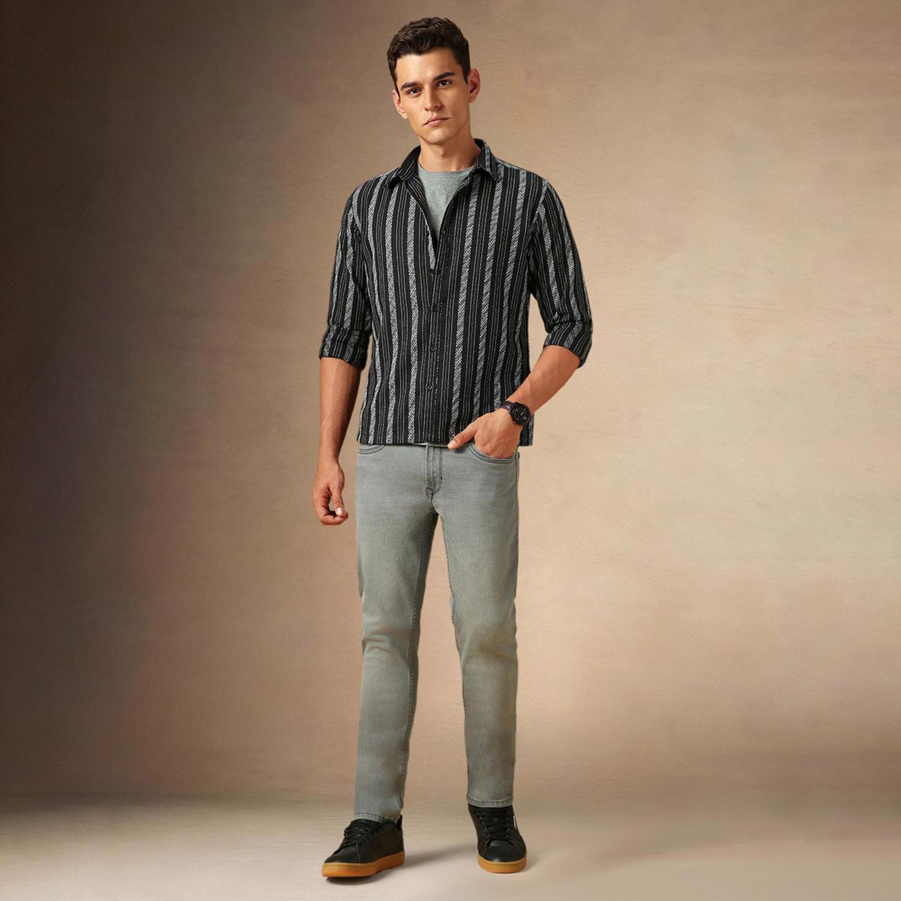 دينيس لينغو× ستايلي-  قميص أسود مخطط غير شفاف-men-clothing-shirts-image-5