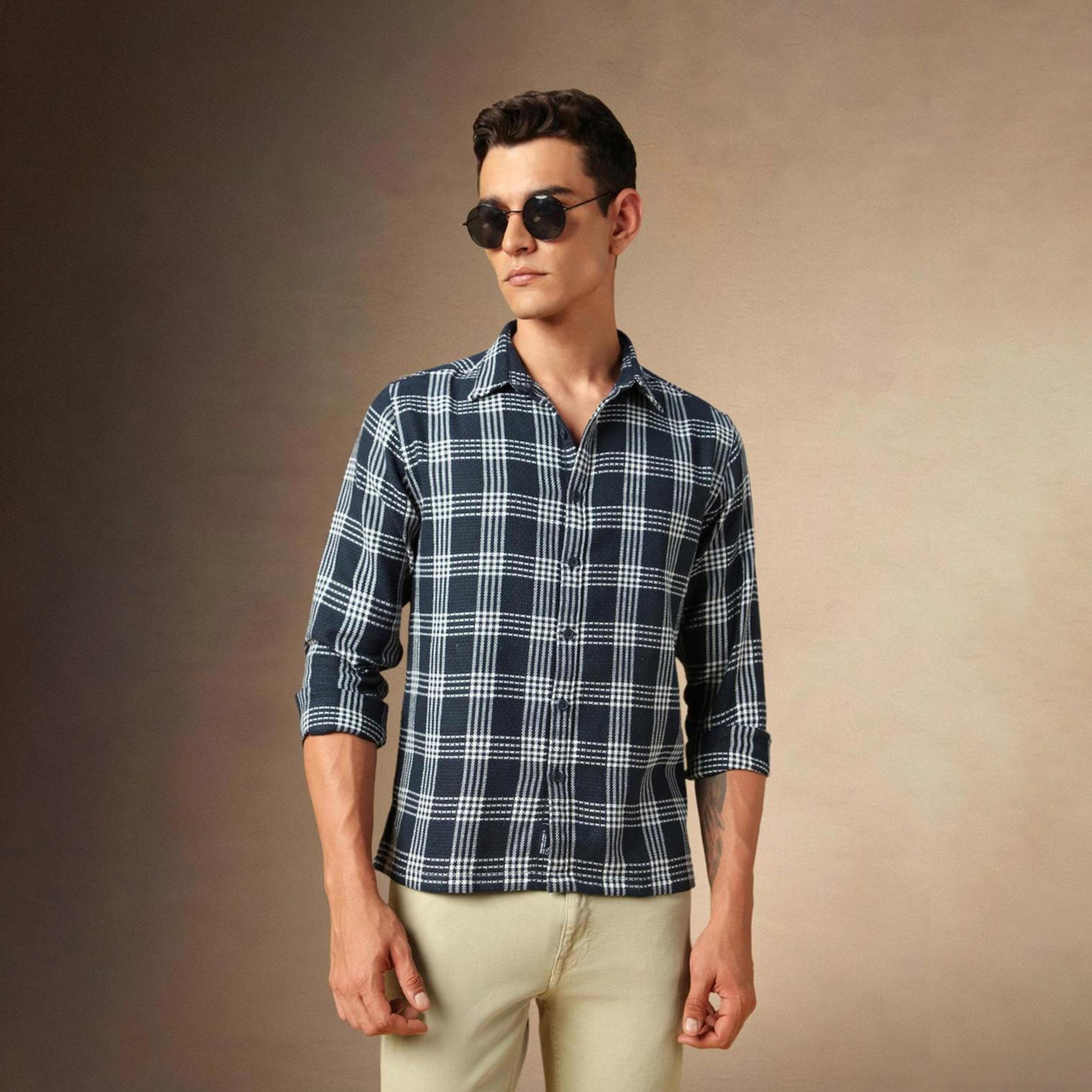 دينيس لينغو× ستايلي-  قميص كاجوال قماش ترتان الأزرق غير الشفاف-men-clothing-shirts-image-4