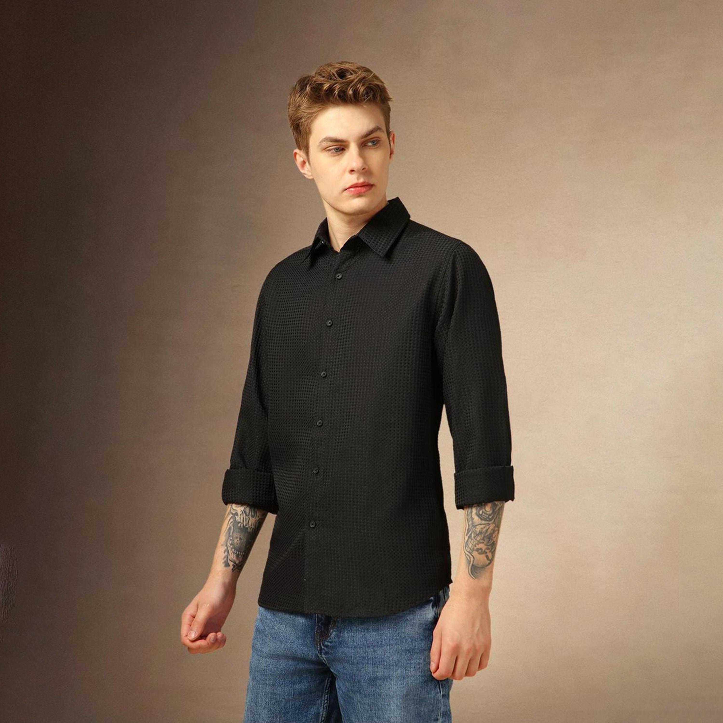 Dennis Lingo X Styli Black Spread Collar Textured Casual Shirt-men-clothing-shirts-image-1