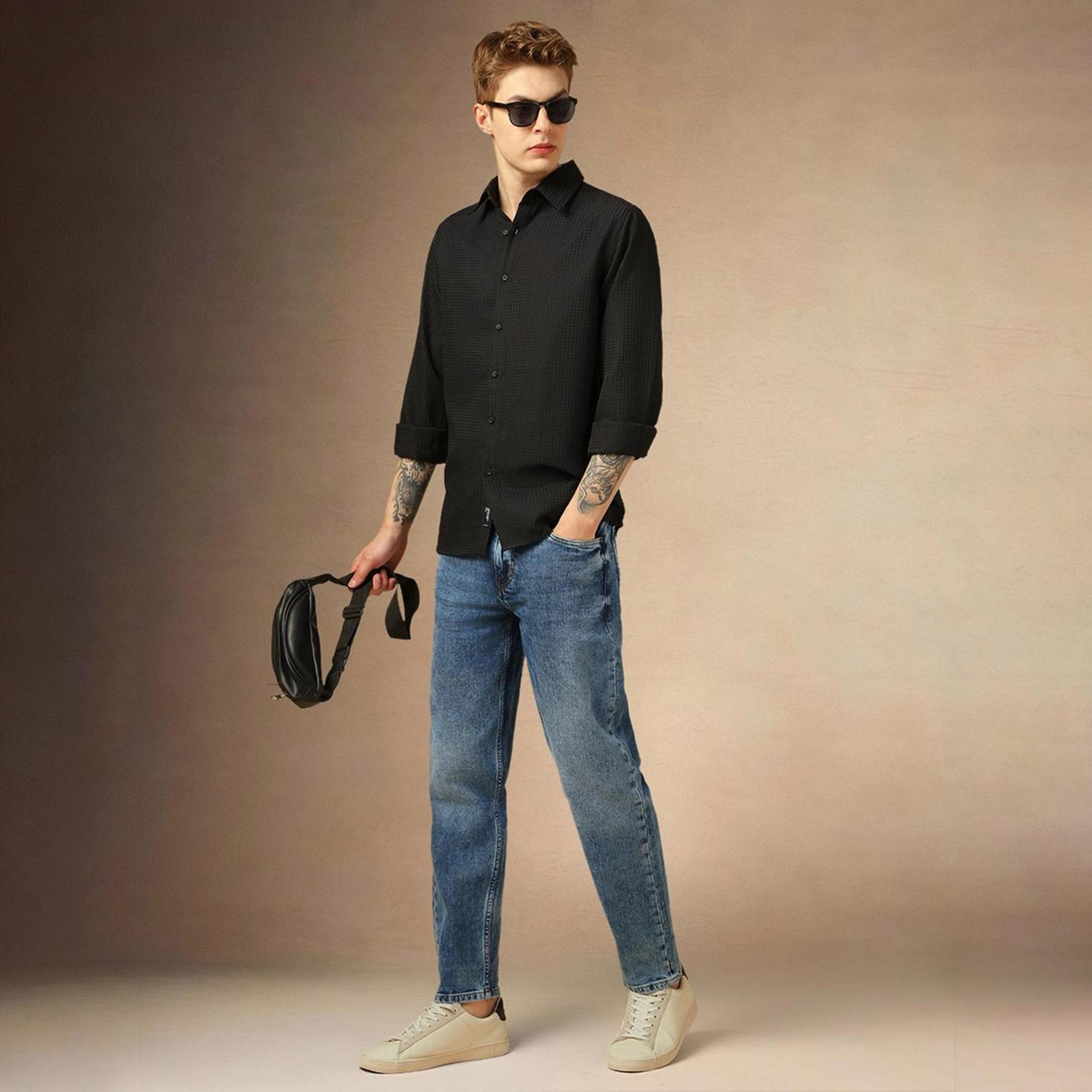 Dennis Lingo X Styli Black Spread Collar Textured Casual Shirt-men-clothing-shirts-image-5