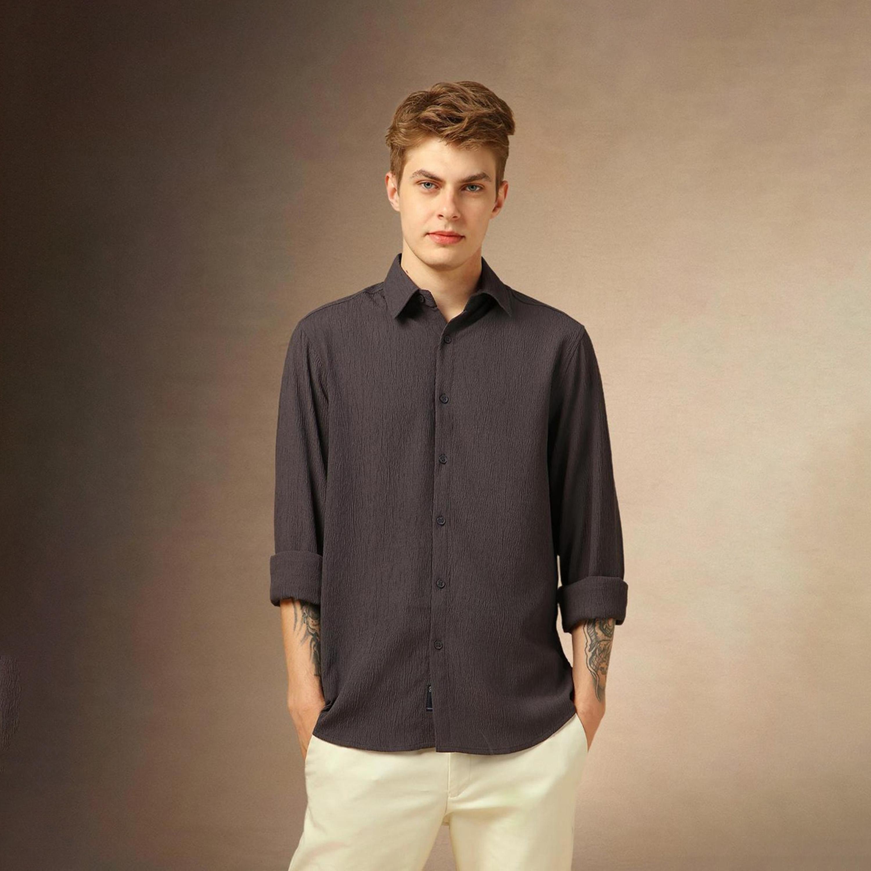 Dennis Lingo X Styli Grey Spread Collar Textured Casual Shirt-men-clothing-shirts-image-1