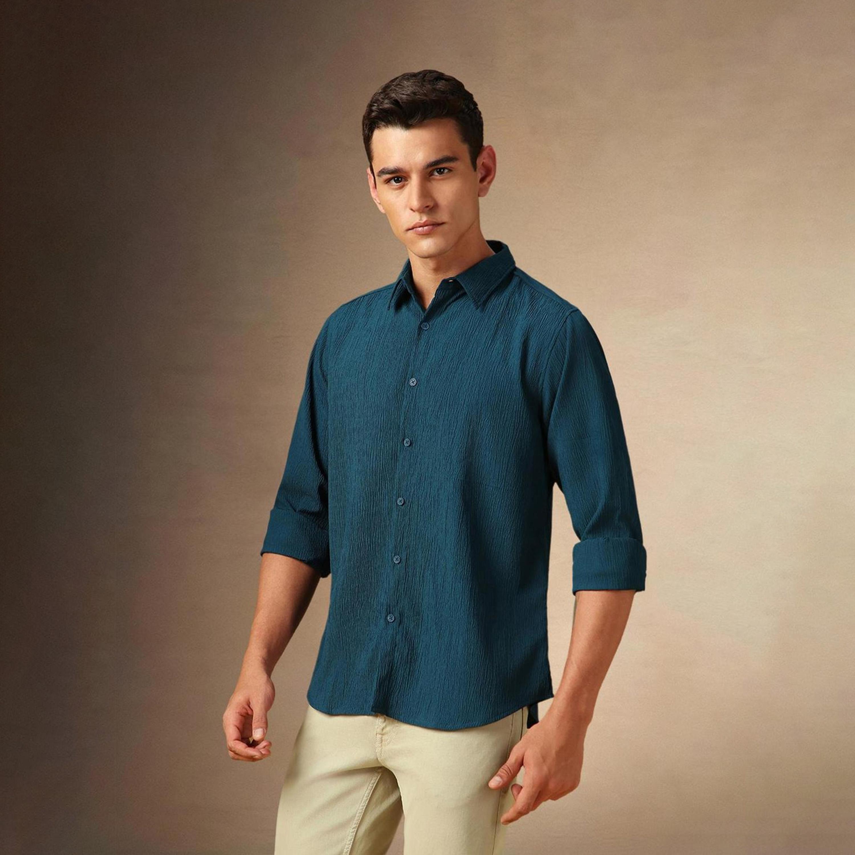 دينيس لينغو× ستايلي-  قميص كاجوال ياقة واسعة لون أزرق المخضر-men-clothing-shirts-image-1