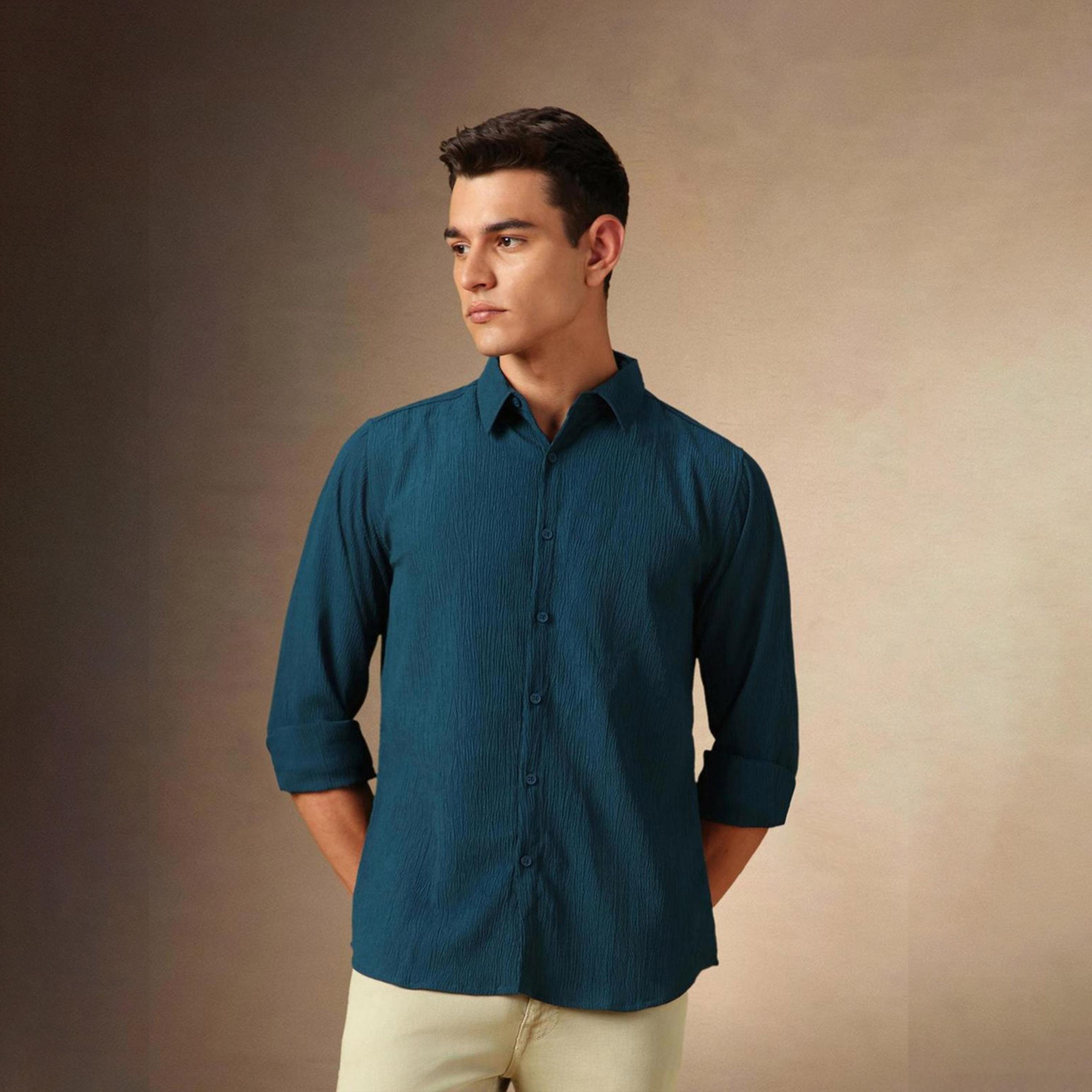 دينيس لينغو× ستايلي-  قميص كاجوال ياقة واسعة لون أزرق المخضر-men-clothing-shirts-image-2