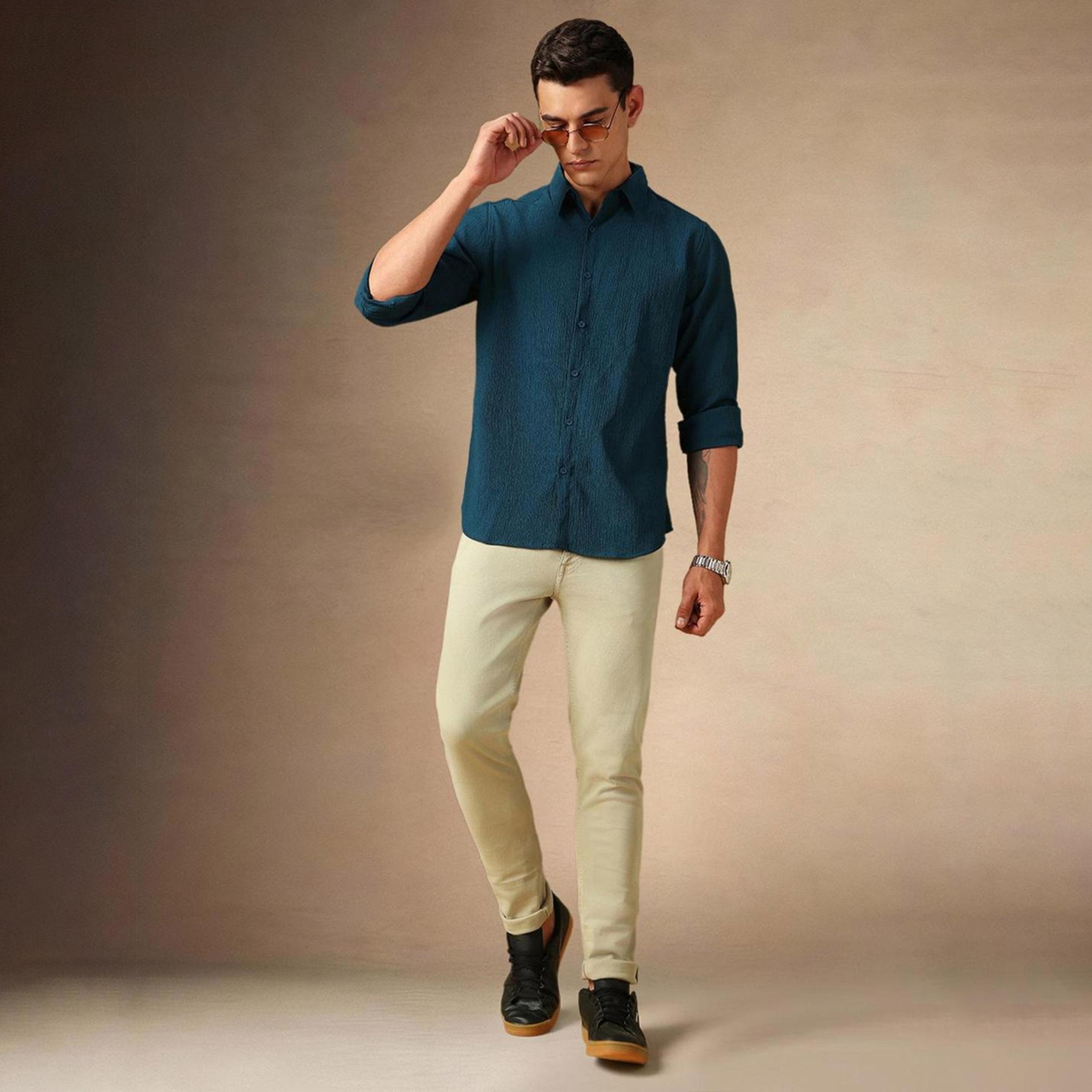 Dennis Lingo X Styli Teal Spread Collar Textured Casual Shirt-men-clothing-shirts-image-5