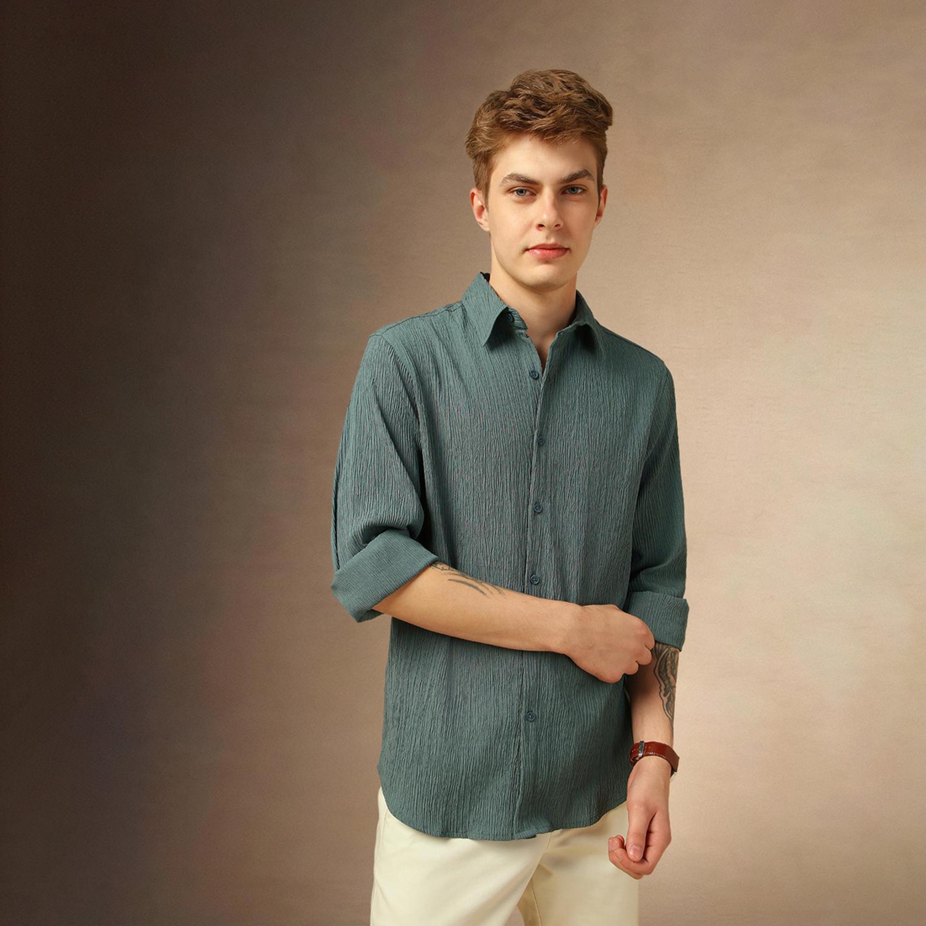 Dennis Lingo X Styli Green Spread Collar Textured Casual Shirt-men-clothing-shirts-image-1