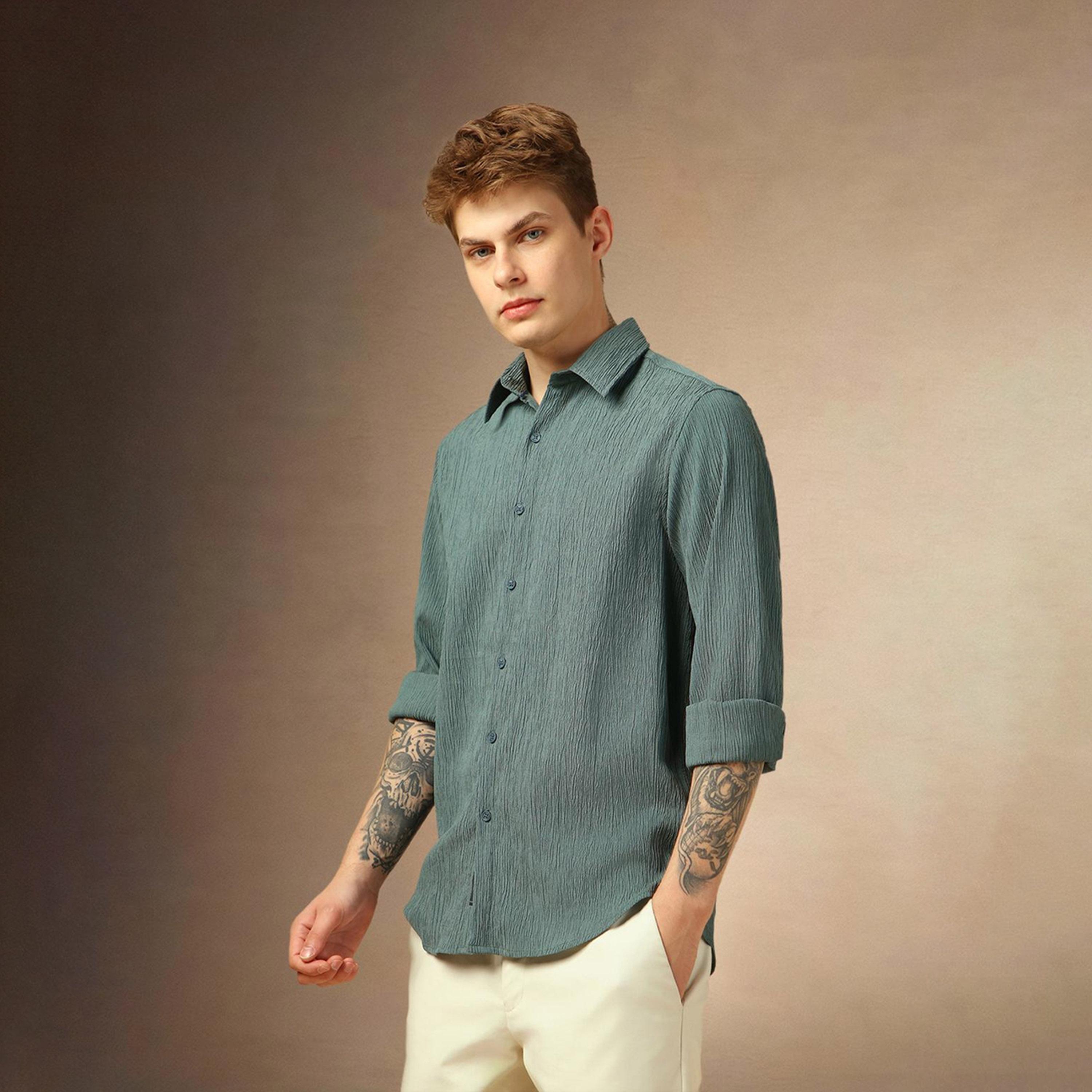 دينيس لينغو× ستايلي-  قميص كاجوال ياقة واسعة لون أخضر-men-clothing-shirts-image-2