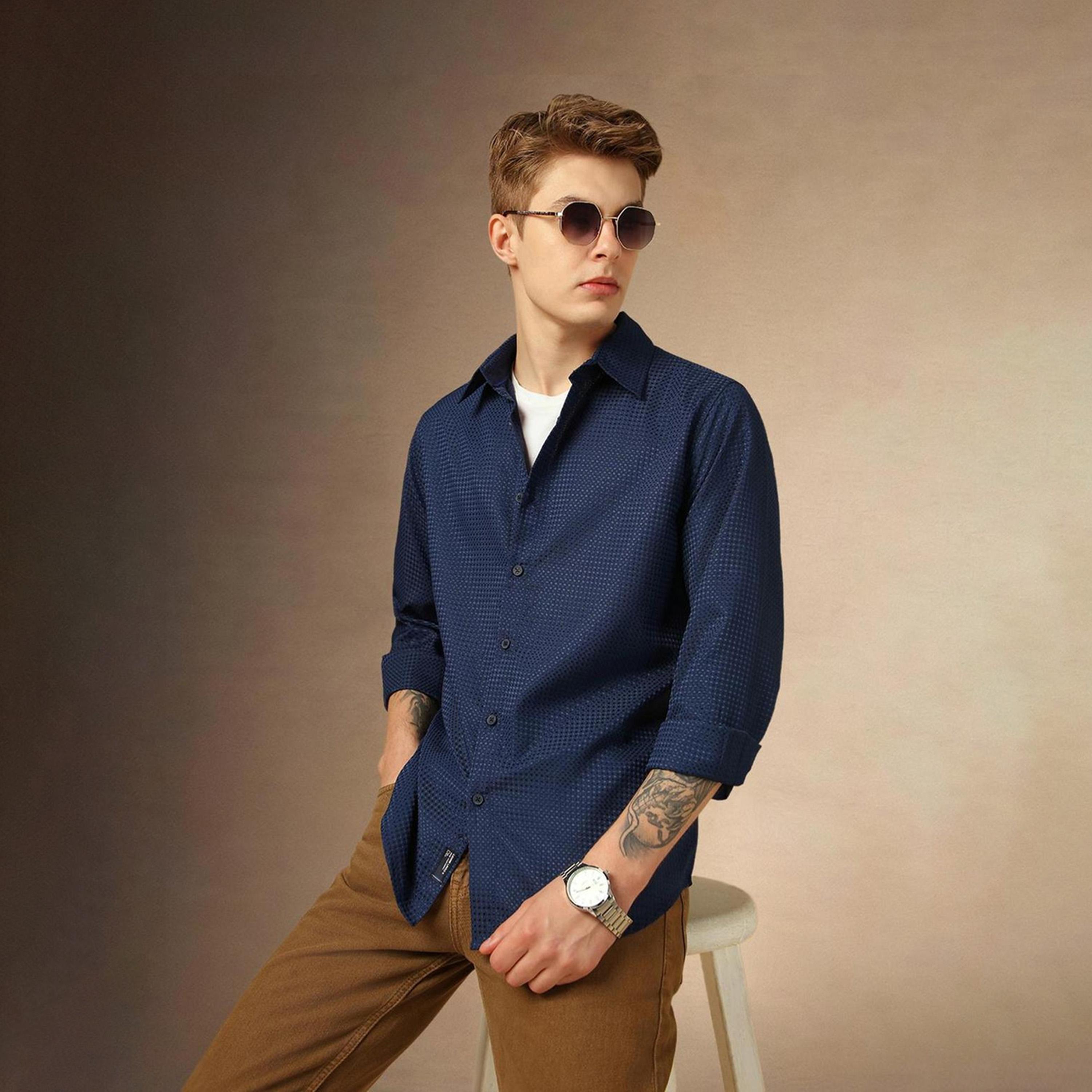 دينيس لينغو× ستايلي-  قميص كاجوال ياقة واسعة باللون الأزرق-men-clothing-shirts-image-3