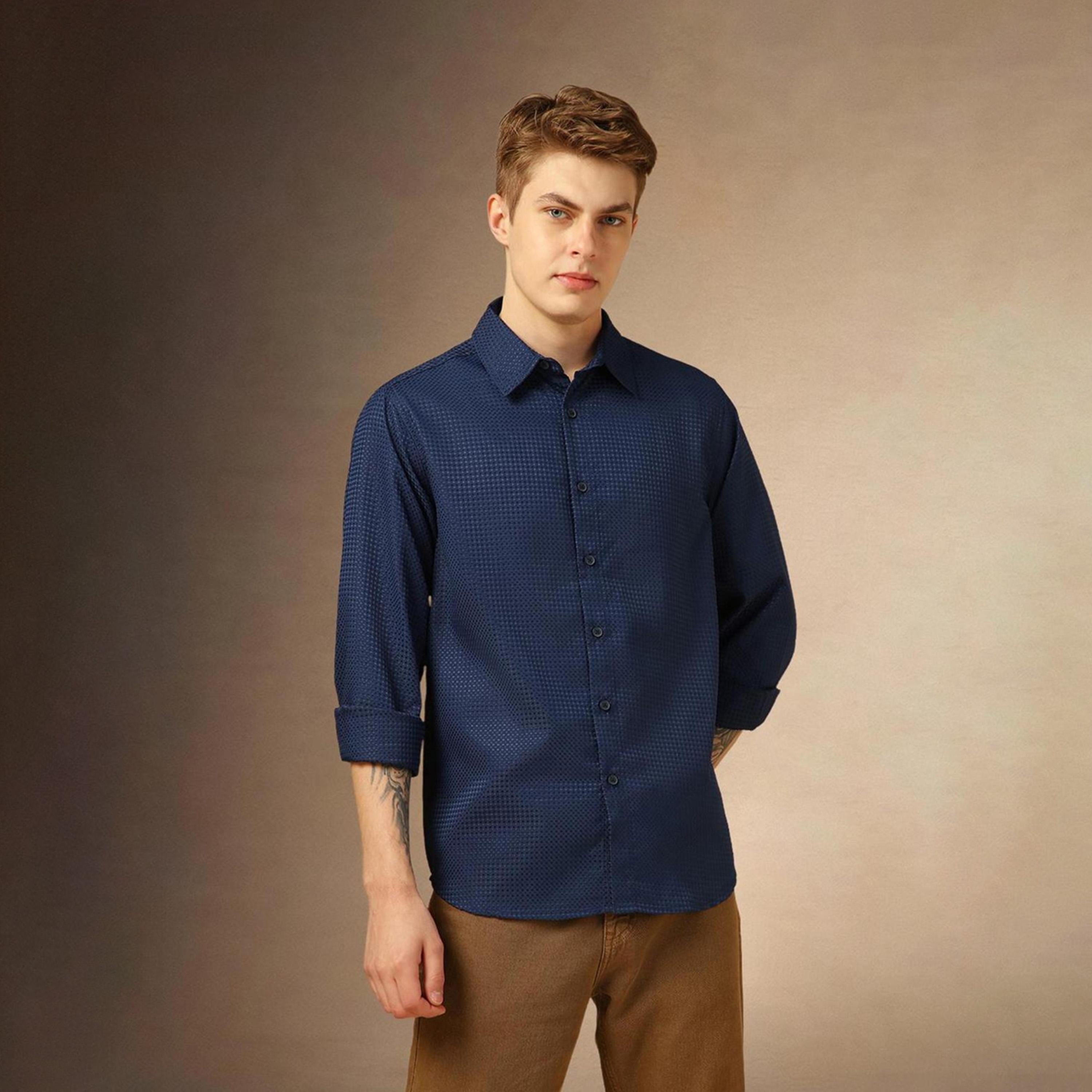دينيس لينغو× ستايلي-  قميص كاجوال ياقة واسعة باللون الأزرق-men-clothing-shirts-image-4