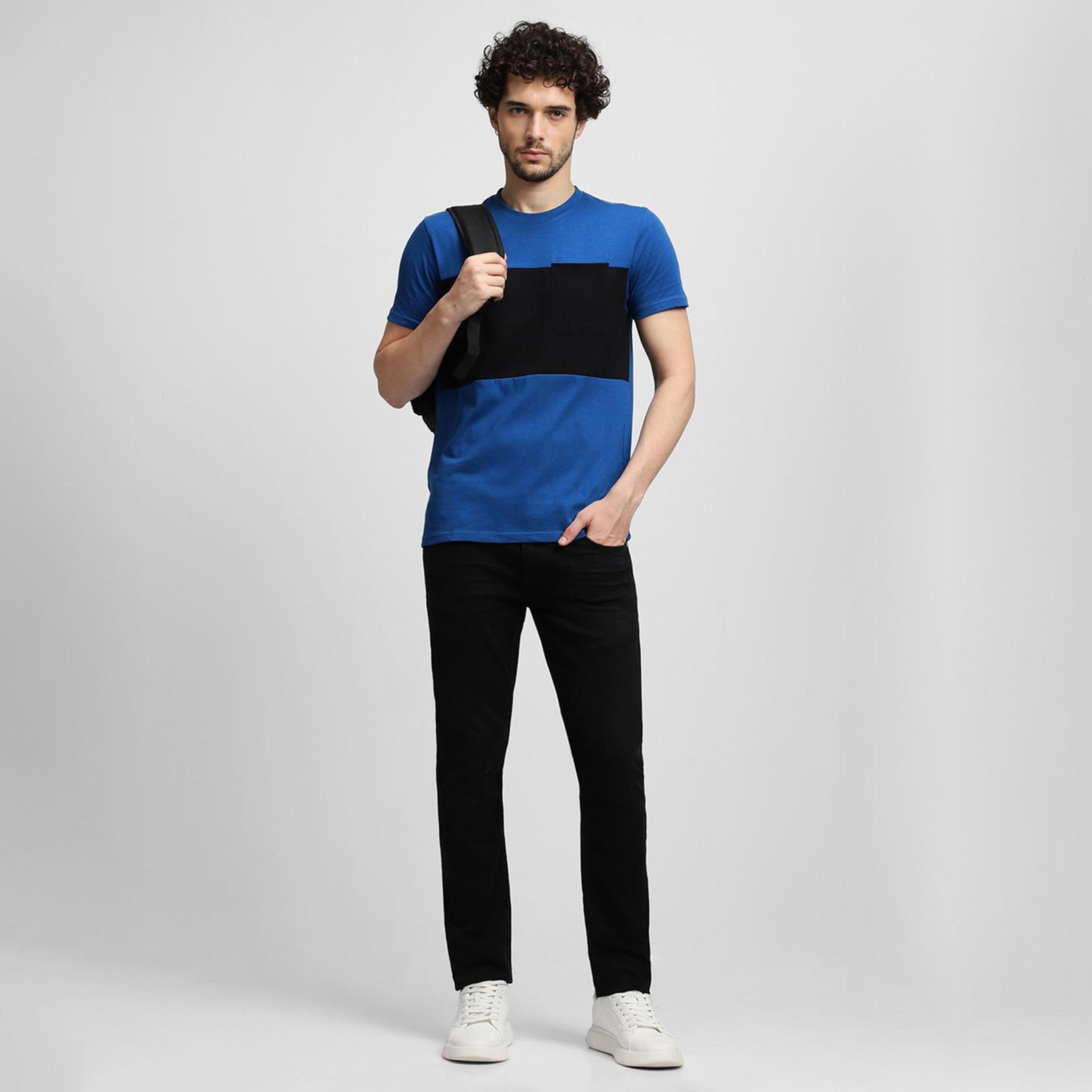 Dennis Lingo X Styli Men Round Neck Regular Fit Blue Colourblocked Slim Fit Pure Cotton T-shirt-men-clothing-tshirtsandpolos-tshirts-image-1