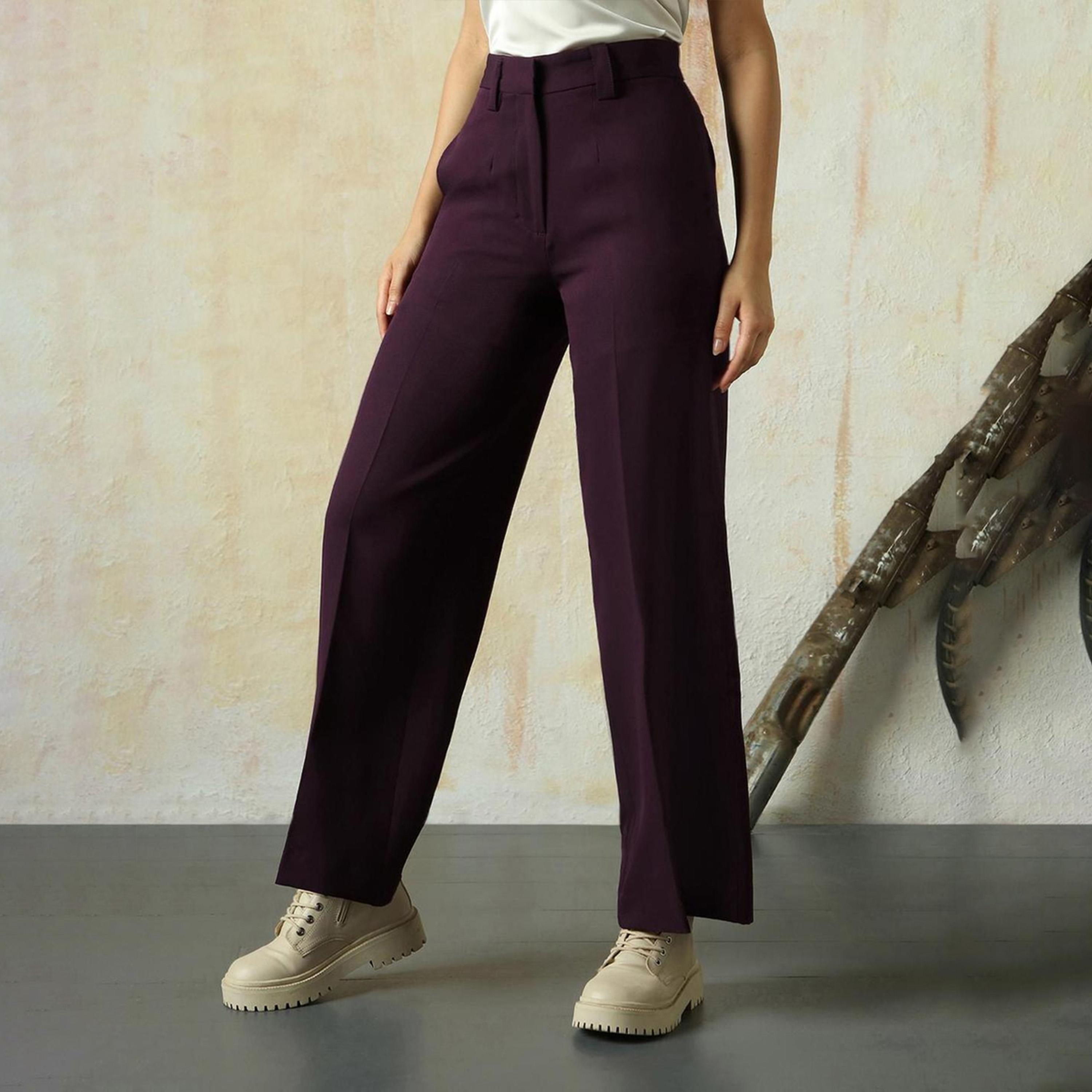 هاي ستار × ستايلي - بنطال نسائي واسع الساق - نبيذي-women-clothing-bottoms-trousers-image-1