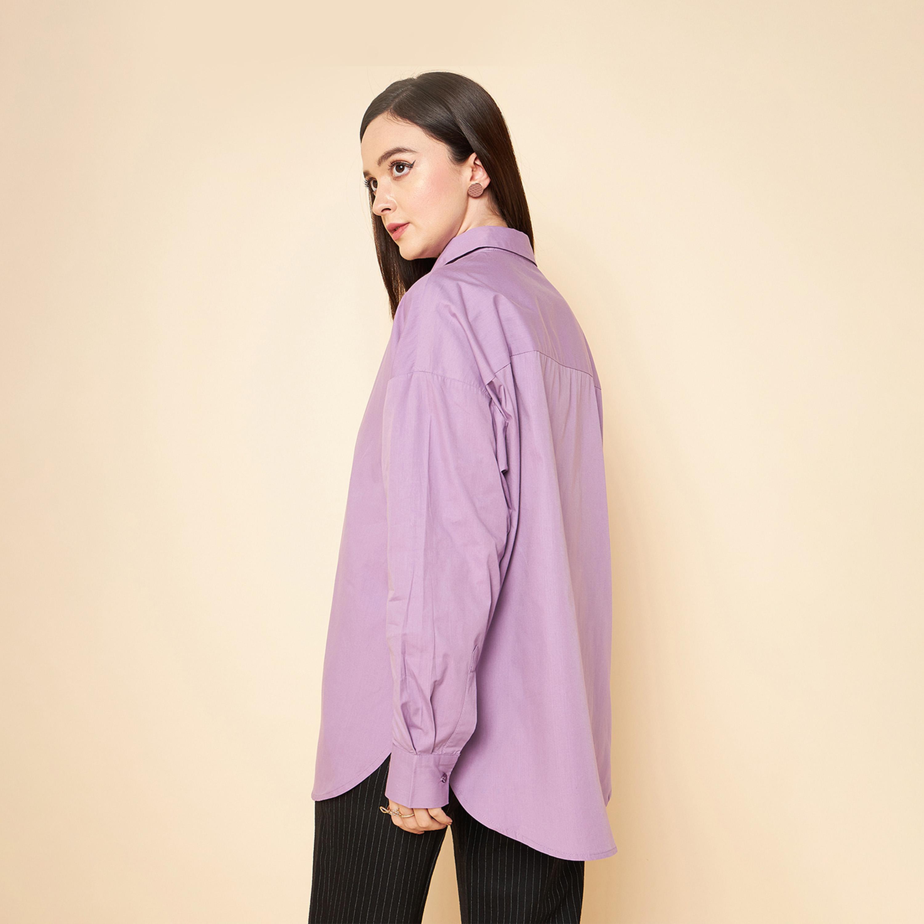 هاي ستار × ستايلي - قميص سادة بقصة كبيرة الحجم بياقة واسعة-women-clothing-shirtsandblouses-shirts-image-2