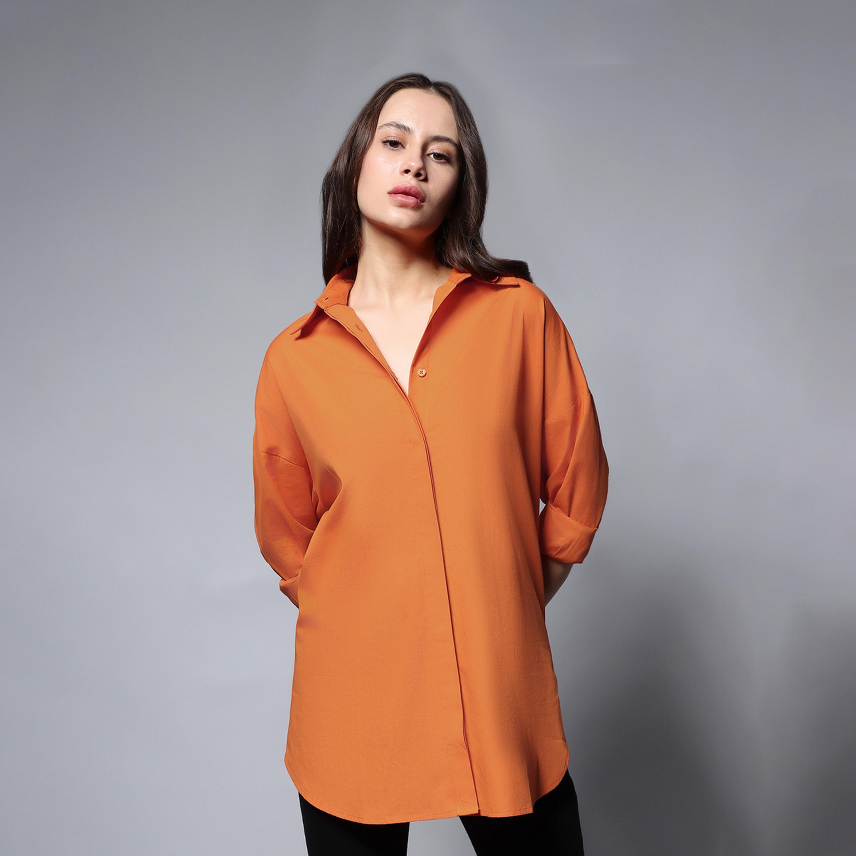 هاي ستار × ستايلي - قميص سادة بقصة كبيرة الحجم بياقة واسعة-women-clothing-shirtsandblouses-shirts-image-1