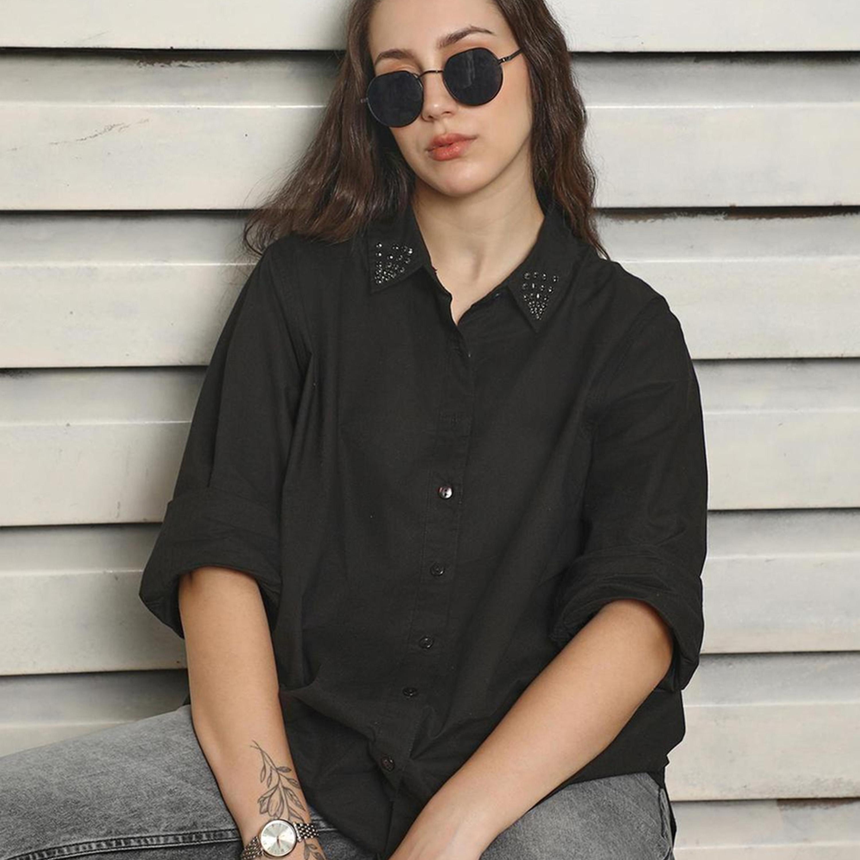 هاي ستار × ستايلي - قميص مزخرفة بقصّة عادية وياقة واسعة-women-clothing-shirtsandblouses-shirts-image-1